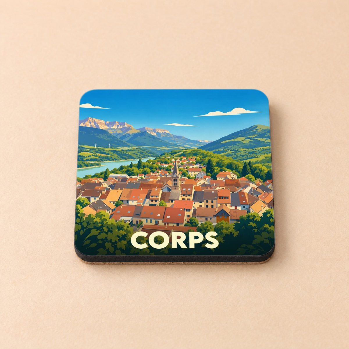 Dessous de verre souvenir de la ville de Corps avec une illustration stylisée.