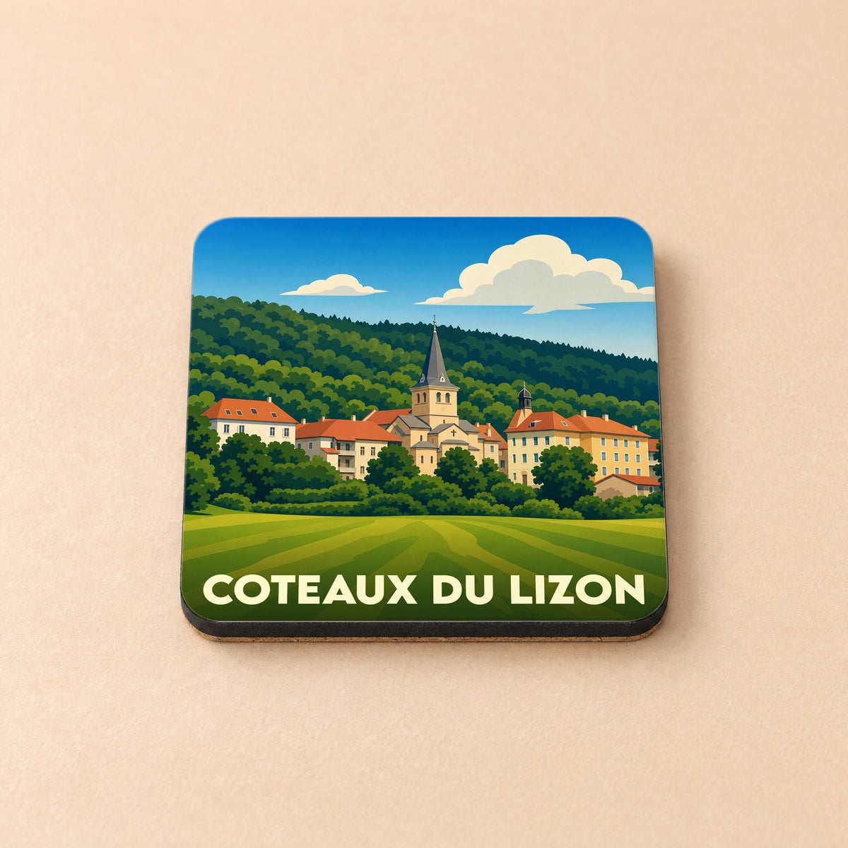 Dessous de verre souvenir de la ville de Coteaux du Lizon avec une illustration stylisée.