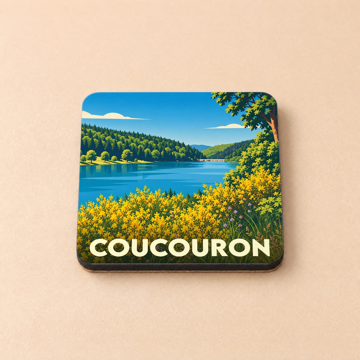Dessous de verre souvenir de la ville de Coucouron illustré d'un paysage de lac et de montagnes.