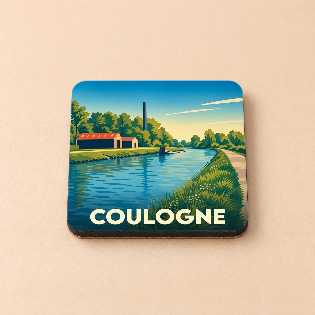 Dessous de verre souvenir de la ville de Coulogne avec une illustration stylisée d'un canal et de ses berges.