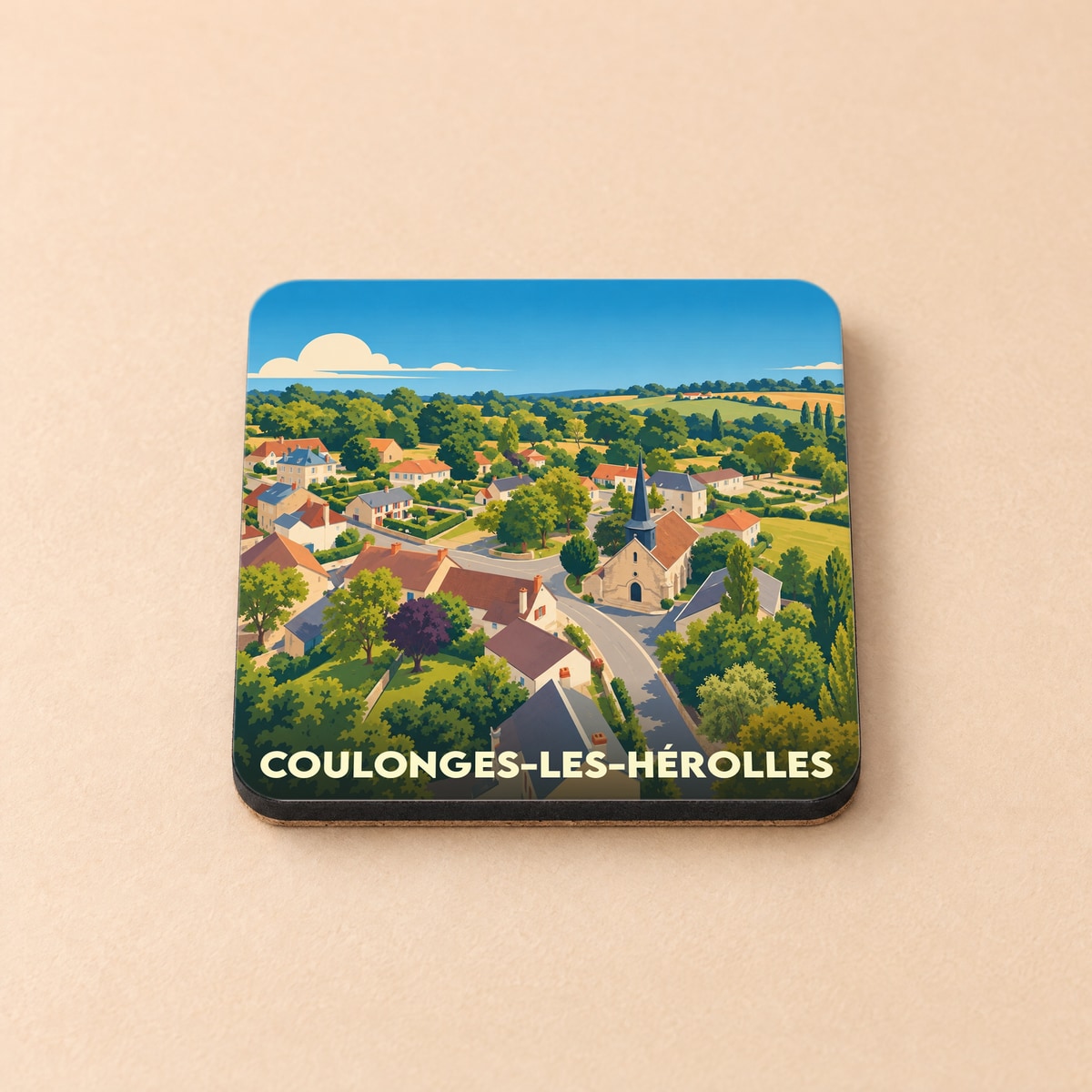 Dessous de verre souvenir de la ville de Coulonges-les-Hérolles avec une illustration stylisée d'un village pittoresque.