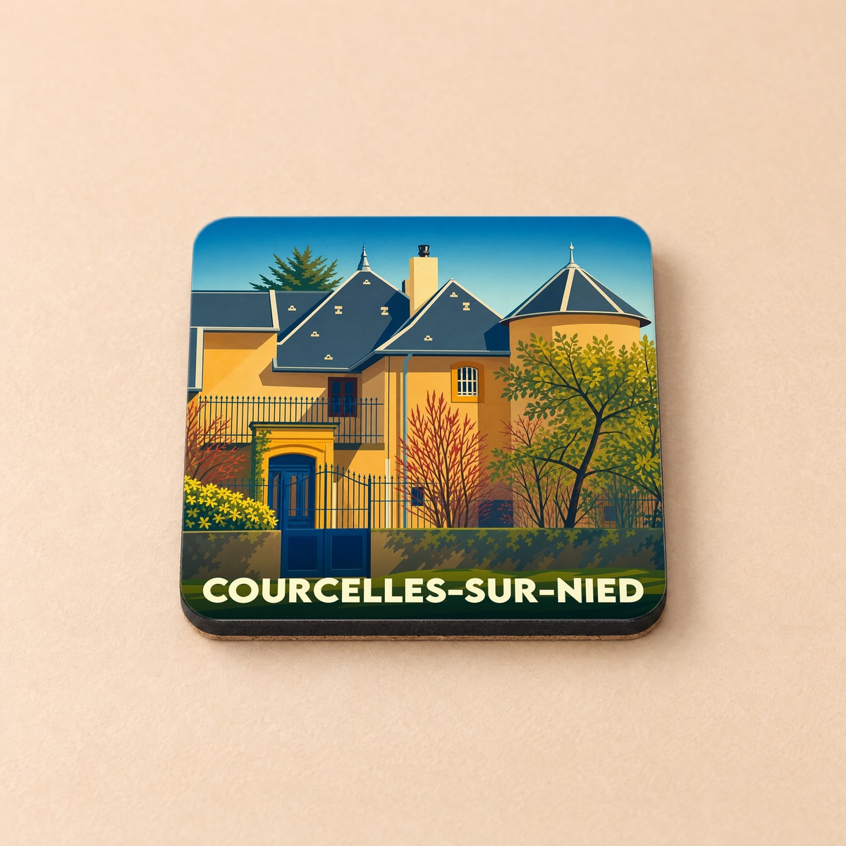 Dessous de verre souvenir de la ville de Courcelles-sur-Nied avec une illustration stylisée d'une maison de maître.