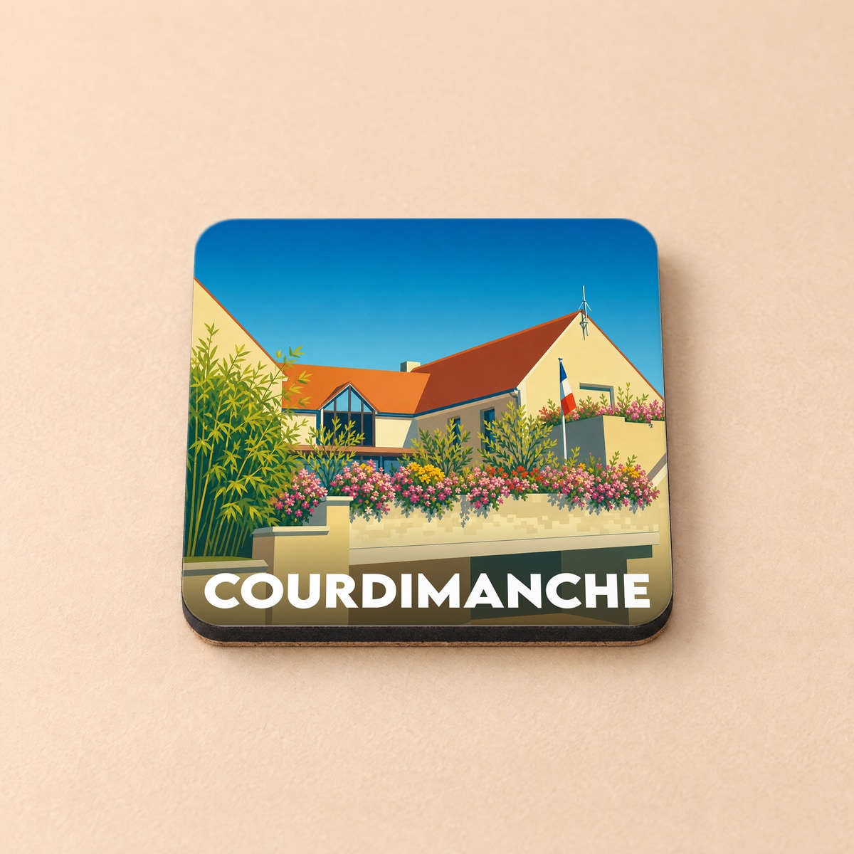 Dessous de verre souvenir de la ville de Courdimanche avec une illustration stylisée.