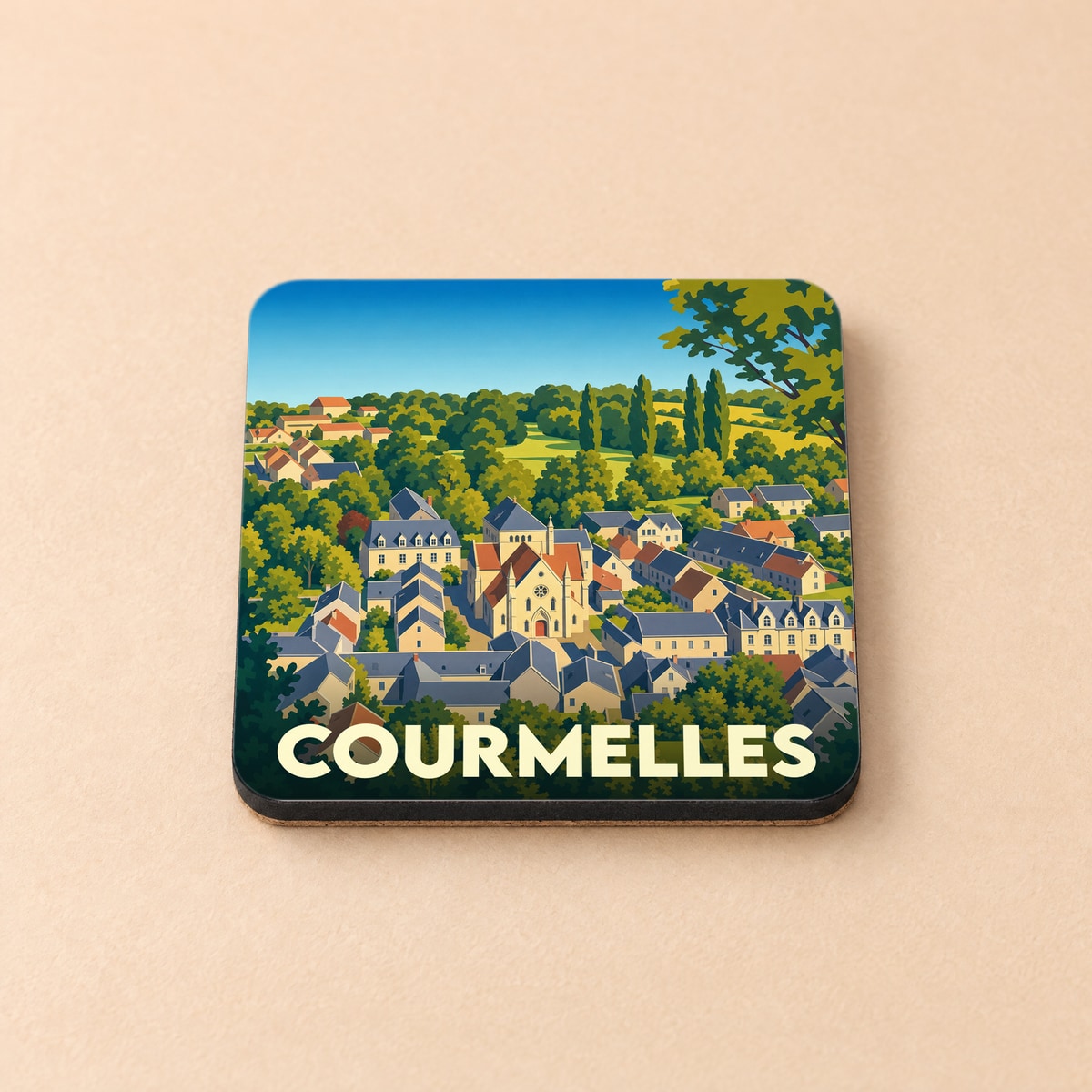 Dessous de verre souvenir de la ville de Courmelles avec une illustration stylisée.