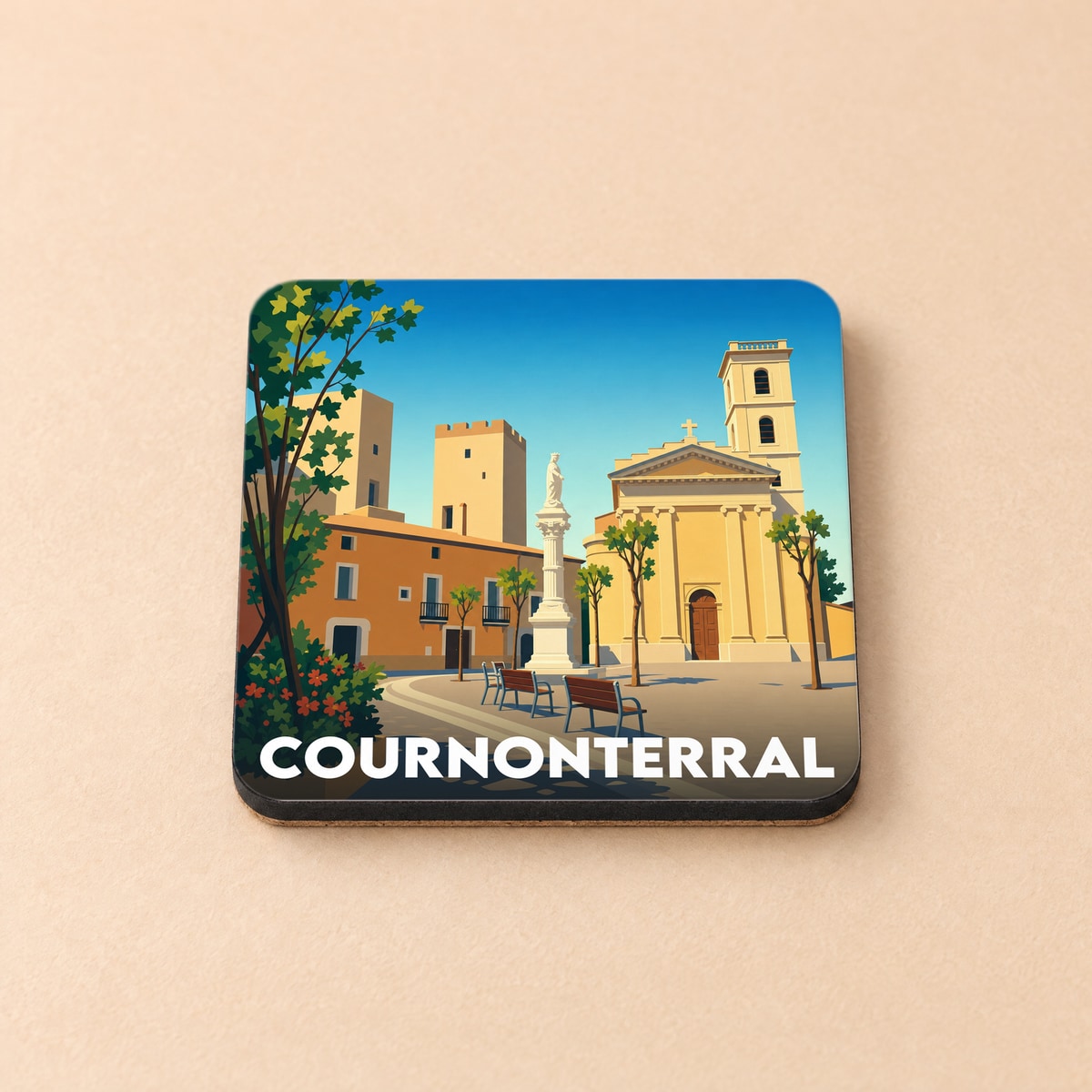 Dessous de verre souvenir de la ville de Cournonterral avec une illustration stylisée d'une place ensoleillée.