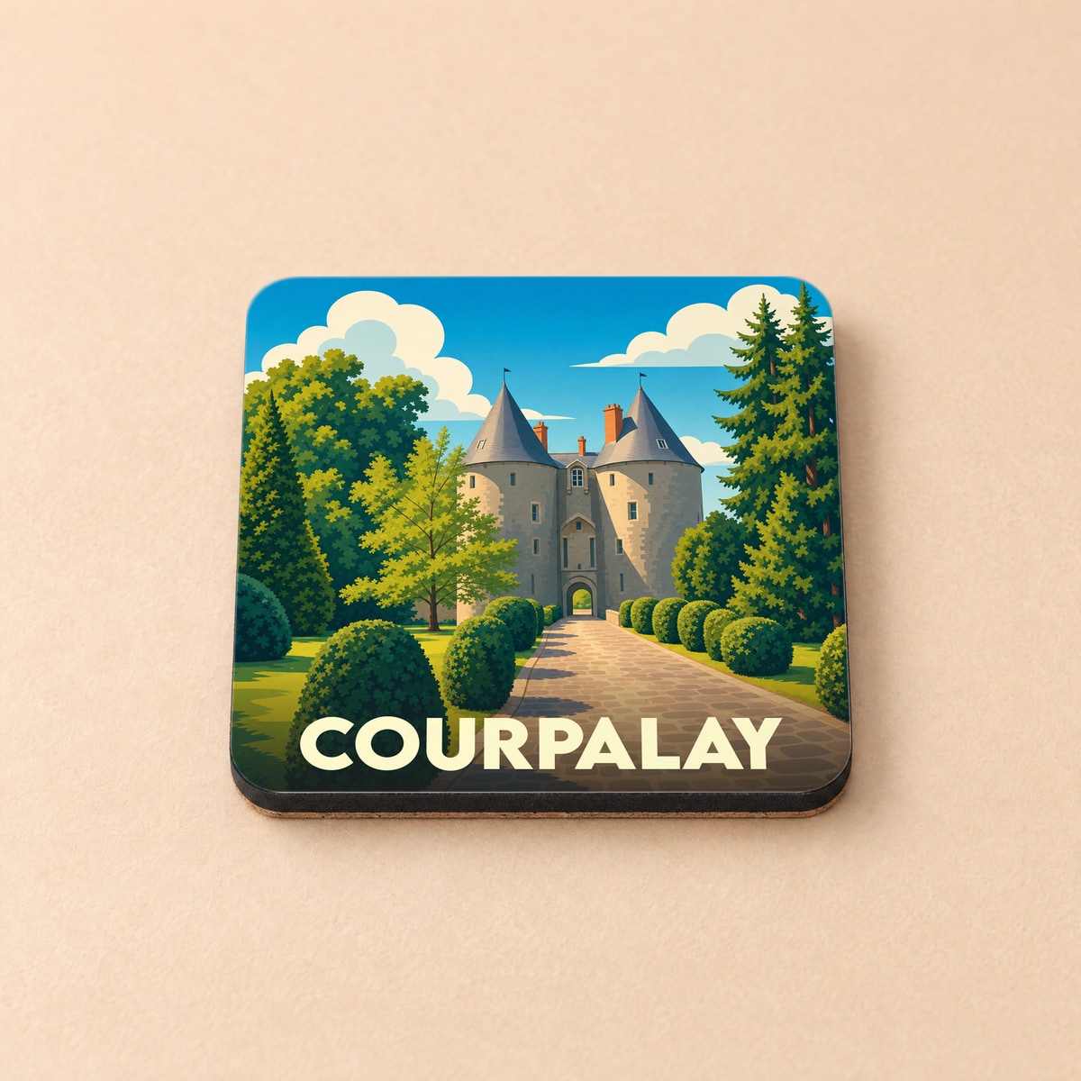 Dessous de verre souvenir de la ville de Courpalay illustré d'un château de style conte de fées entouré de jardins.