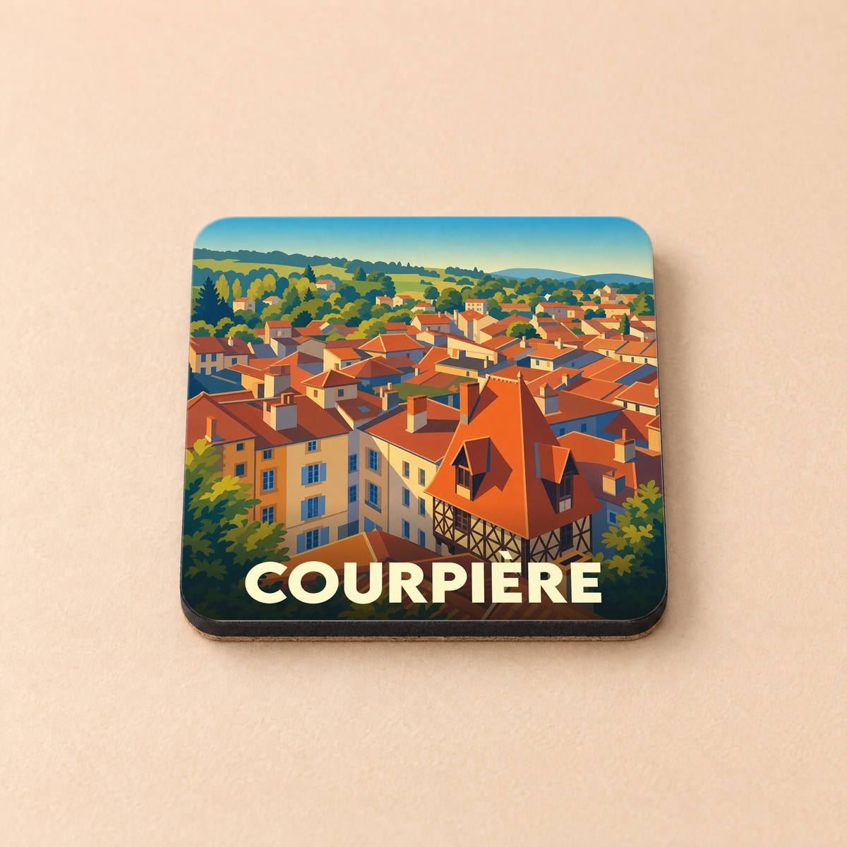 Dessous de verre souvenir de la ville de Courpière orné d'une illustration stylisée de ses toits orangés.