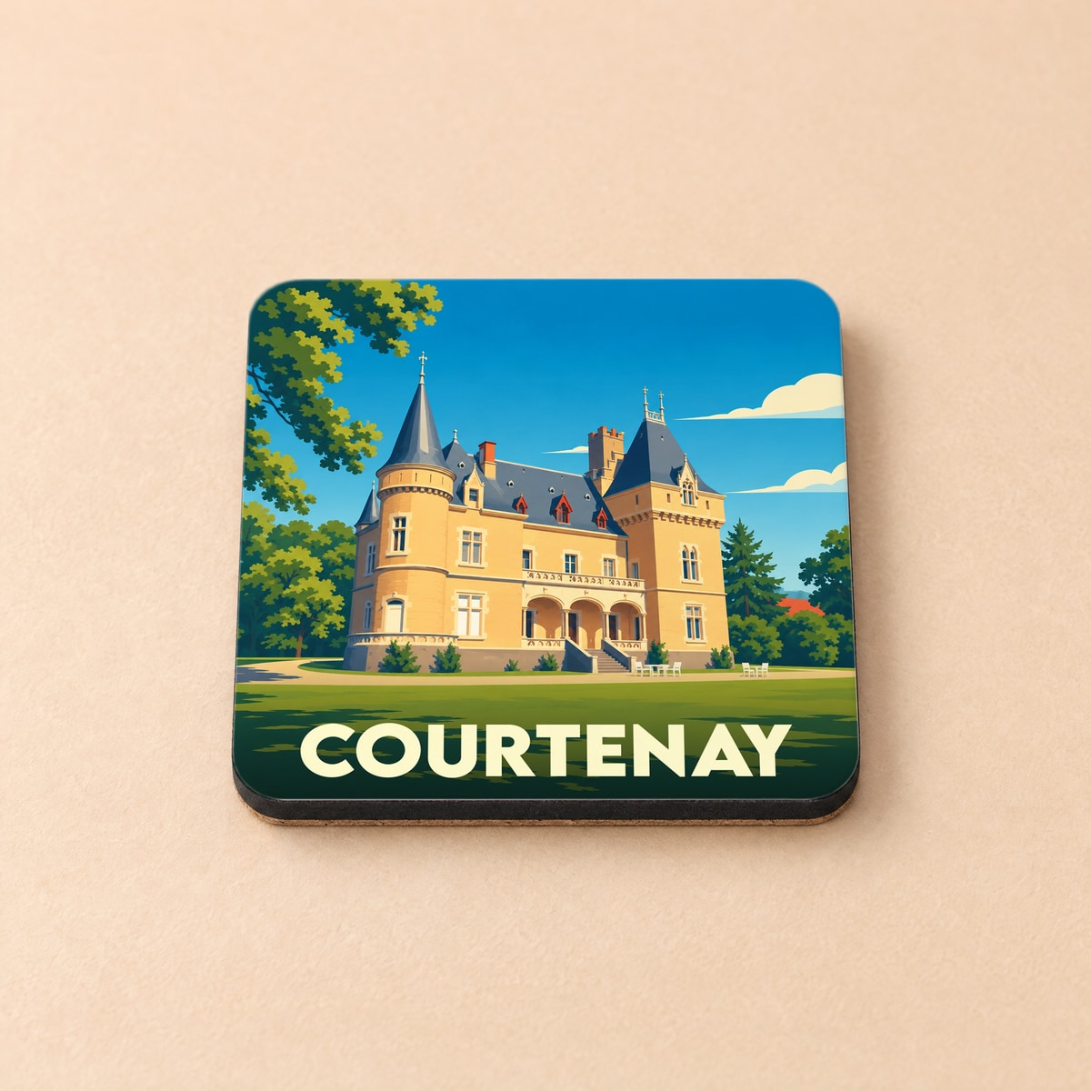 Dessous de verre souvenir de la ville de Courtenay avec une illustration stylisée d'un château.