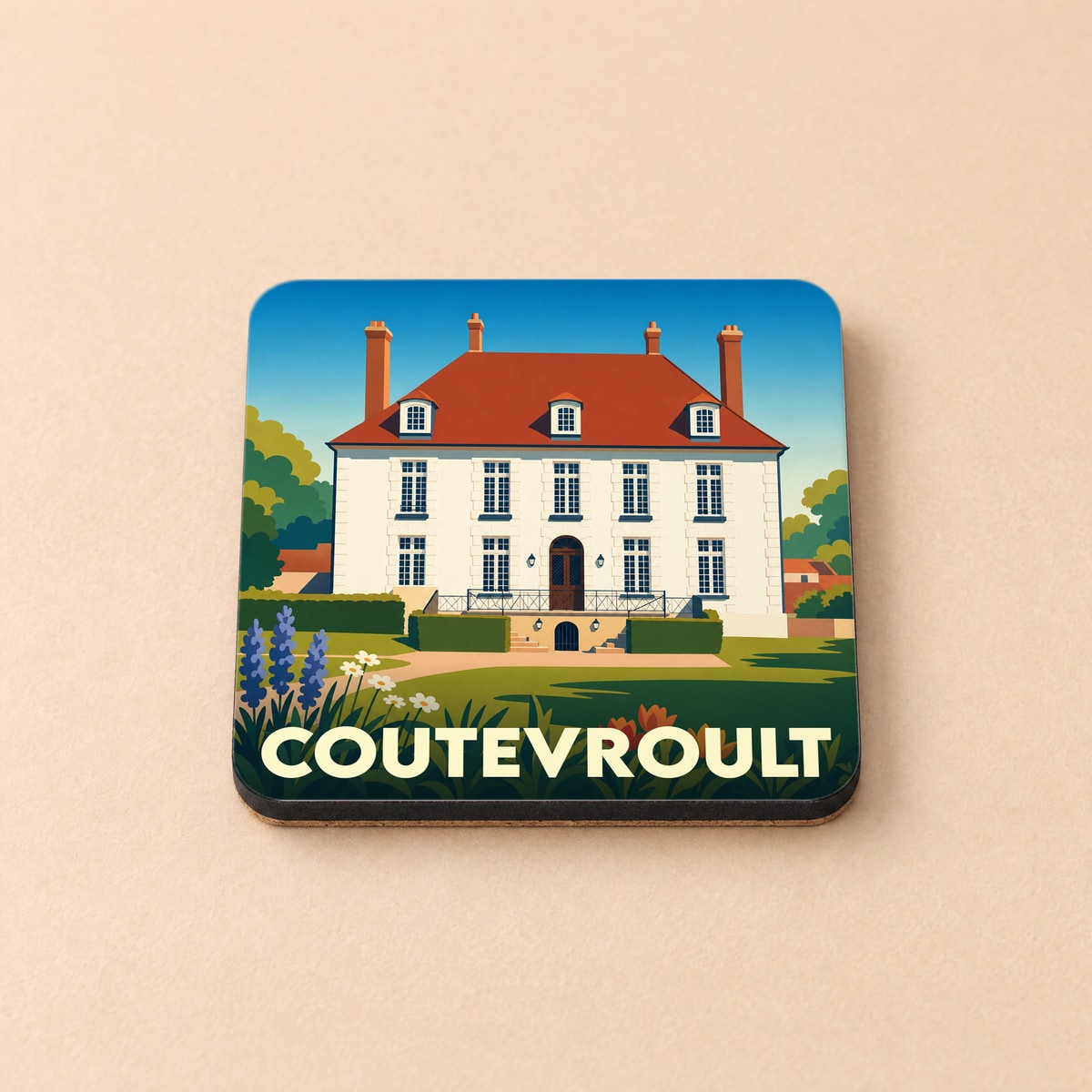 Dessous de verre souvenir de la ville de Coutevroult avec une illustration stylisée d'une demeure bourgeoise.