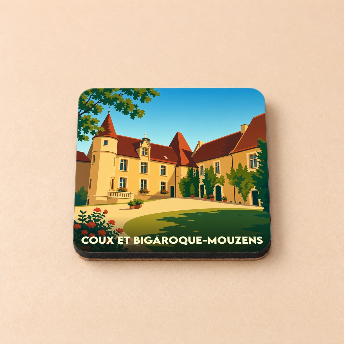 Dessous de verre souvenir de la ville de Coux et Bigaroque-Mouzens avec une illustration stylisée.