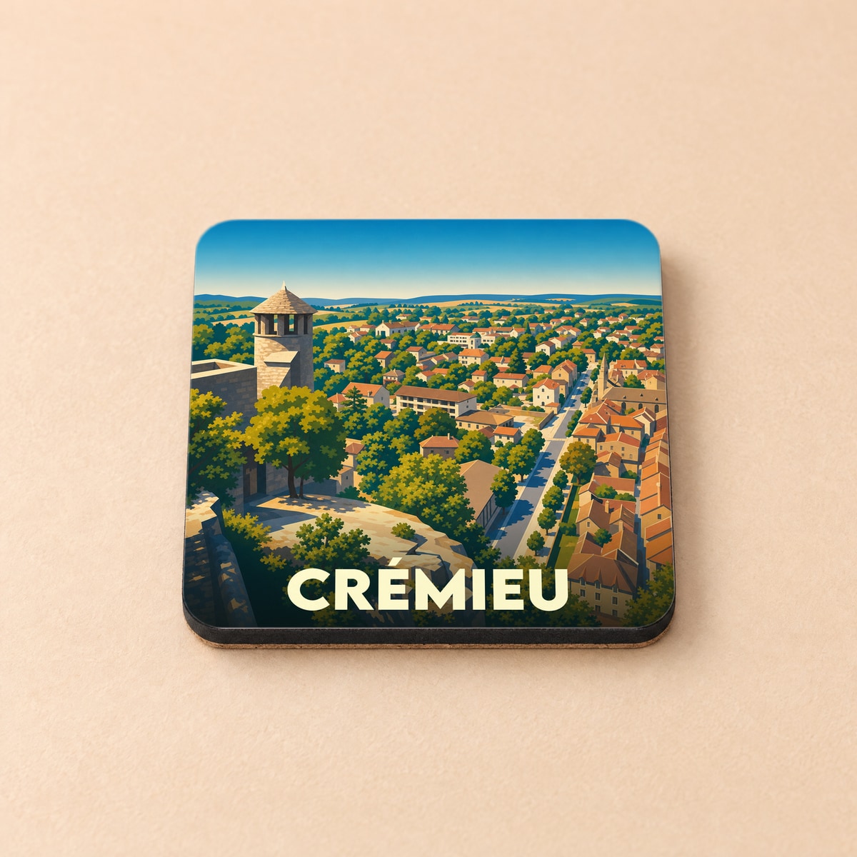 Dessous de verre souvenir de la ville de Crémieu avec une illustration stylisée d'une vue panoramique.