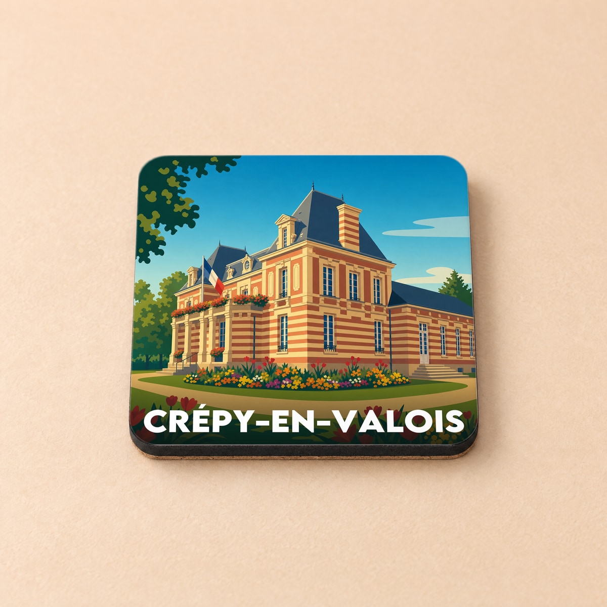 Dessous de verre souvenir de la ville de Crépy-en-Valois avec une illustration stylisée de son hôtel de ville.