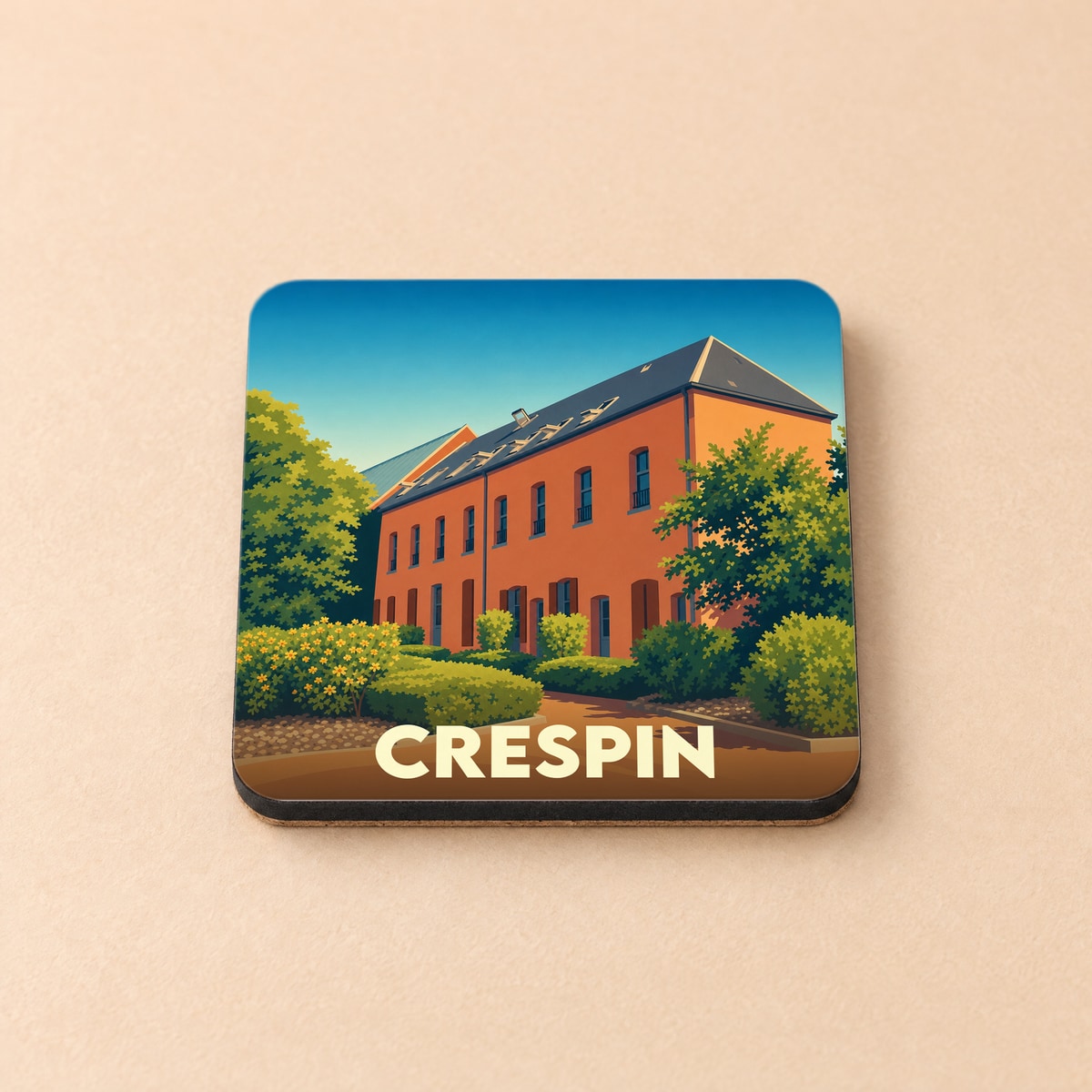 Dessous de verre souvenir de la ville de Crespin avec une illustration stylisée.