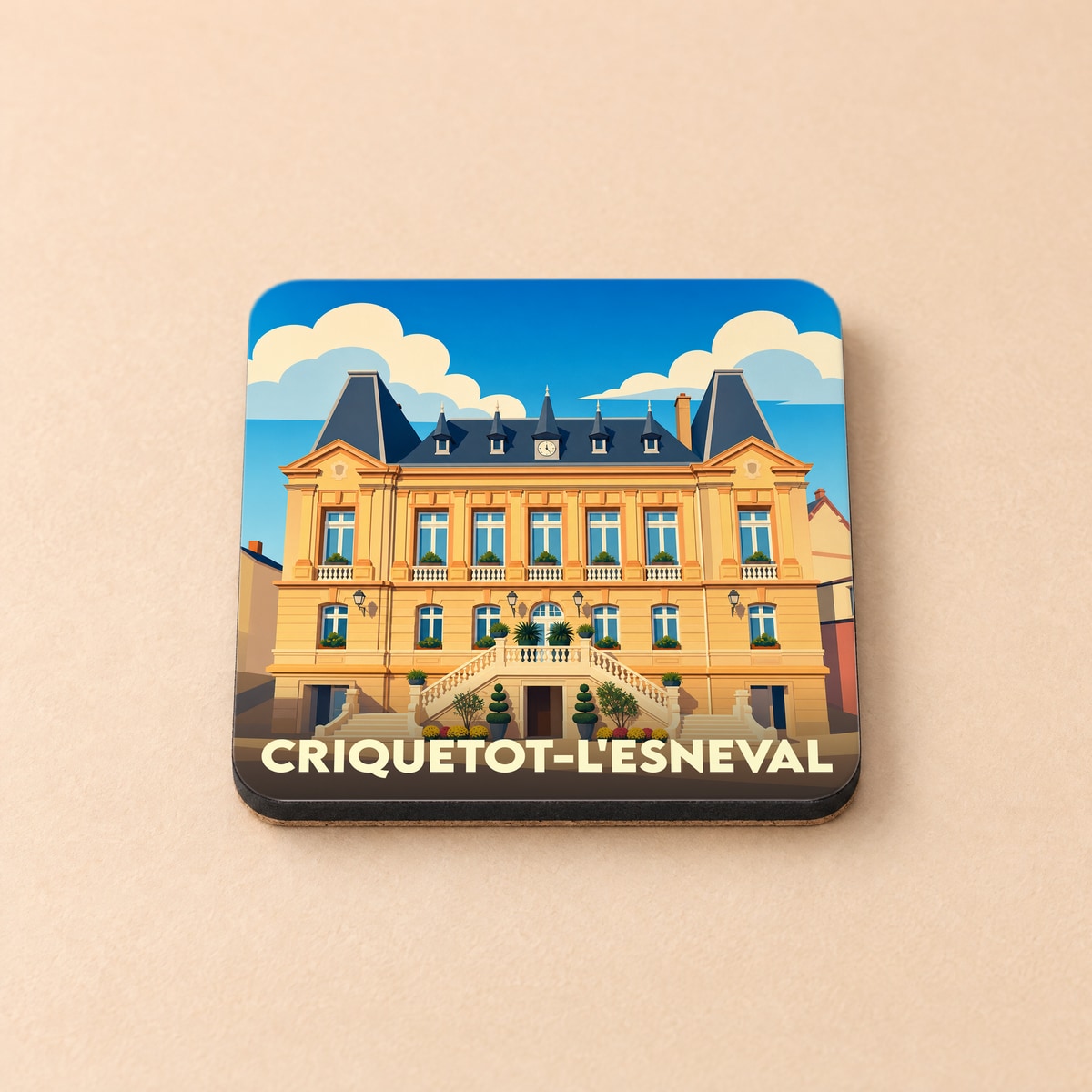 Dessous de verre souvenir de la ville de Criquetot-l'Esneval avec une illustration stylisée de son hôtel de ville.