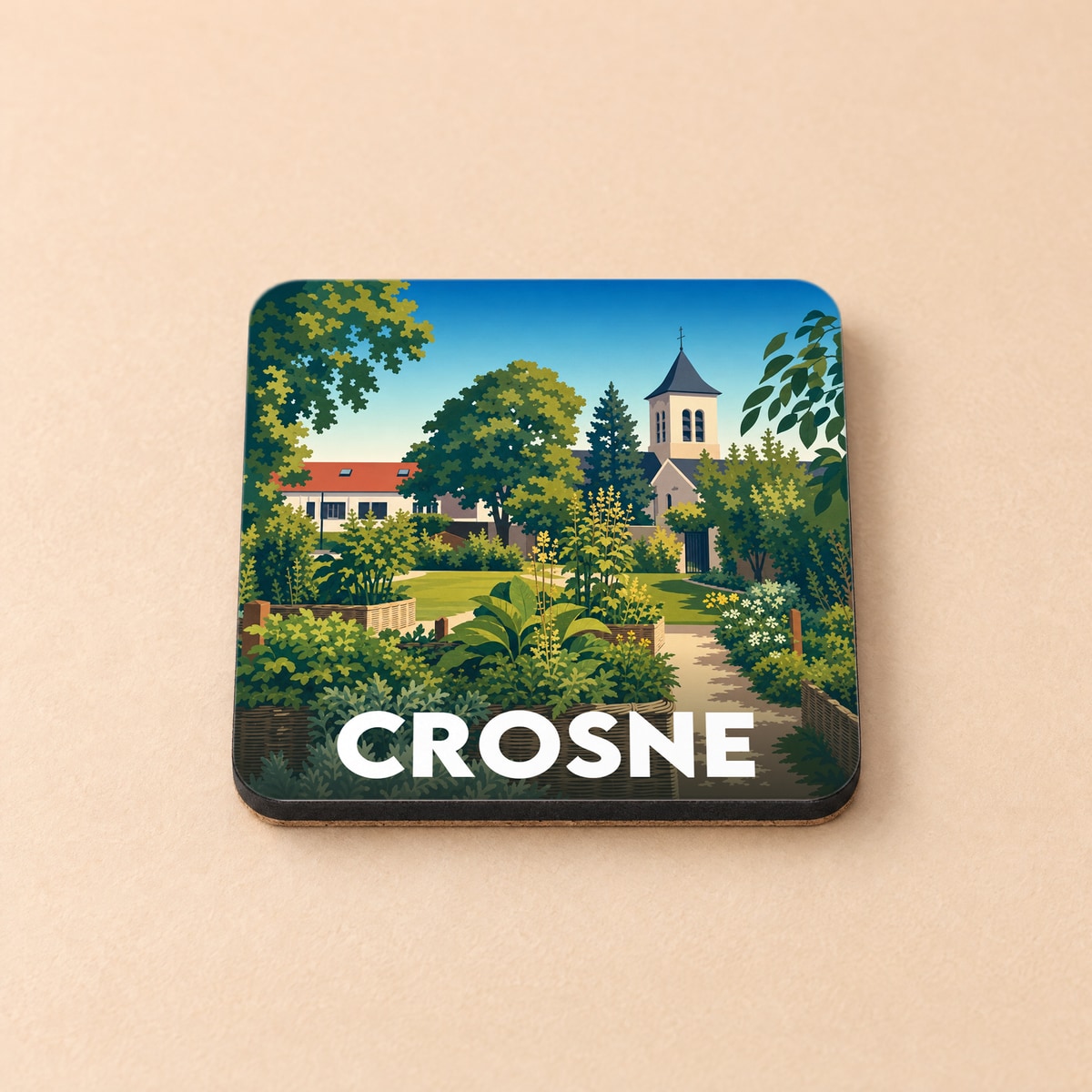 Dessous de verre souvenir de la ville de Crosne avec une illustration stylisée d'un jardin fleuri et d'une église.