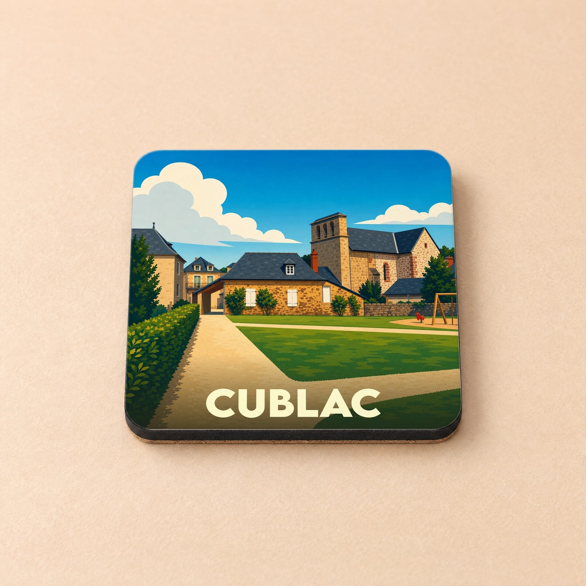 Dessous de verre souvenir de la ville de Cublac avec une illustration stylisée d'un village pittoresque.