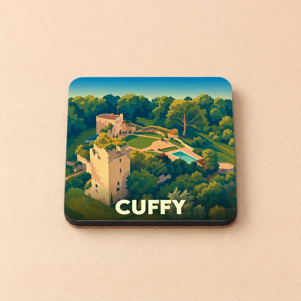 Dessous de verre souvenir de la ville de Cuffy avec une illustration stylisée représentant un château dans un écrin de verdure.