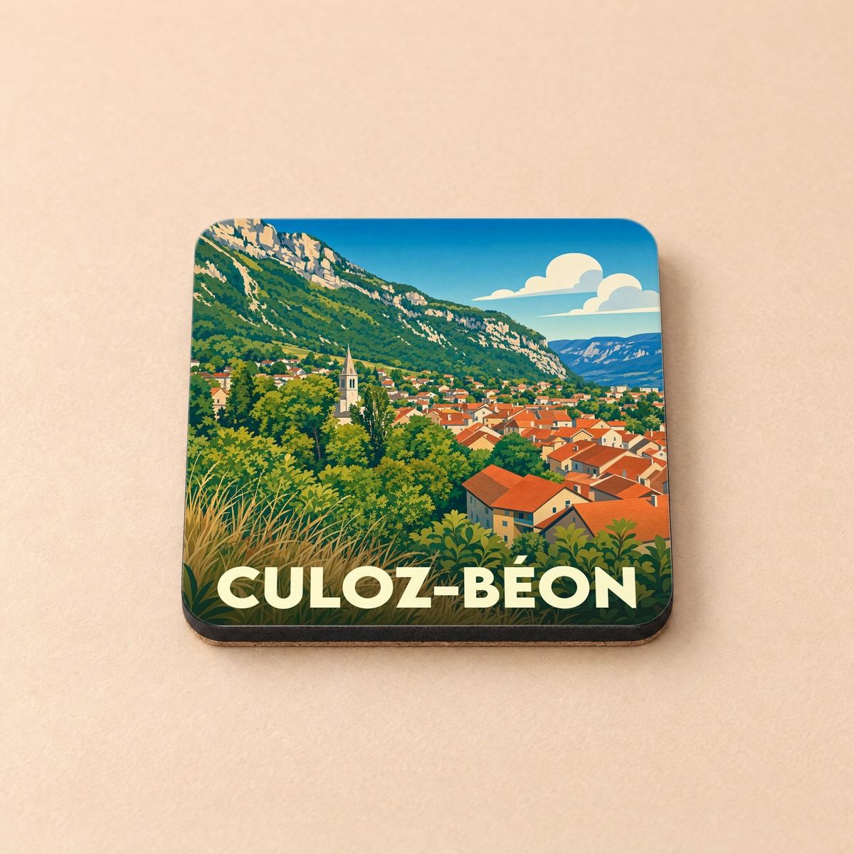 Dessous de verre souvenir de la ville de Culoz-Béon avec une illustration stylisée de ses paysages de montagne.