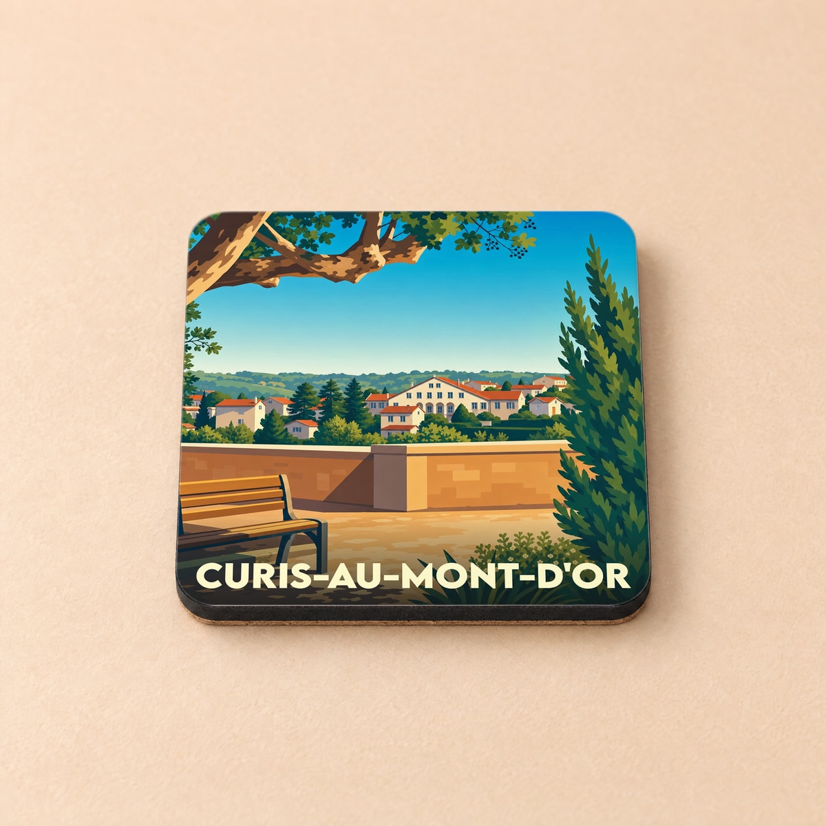 Dessous de verre souvenir de la ville de Curis-au-Mont-d'Or avec une illustration stylisée.