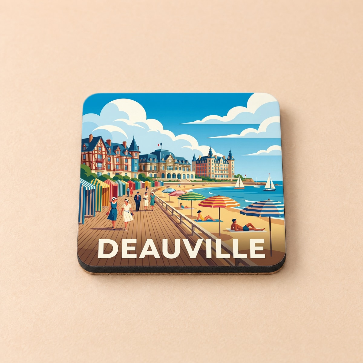 Dessous de verre souvenir de la ville de Deauville illustrant sa célèbre promenade et ses cabines de plage stylisées.