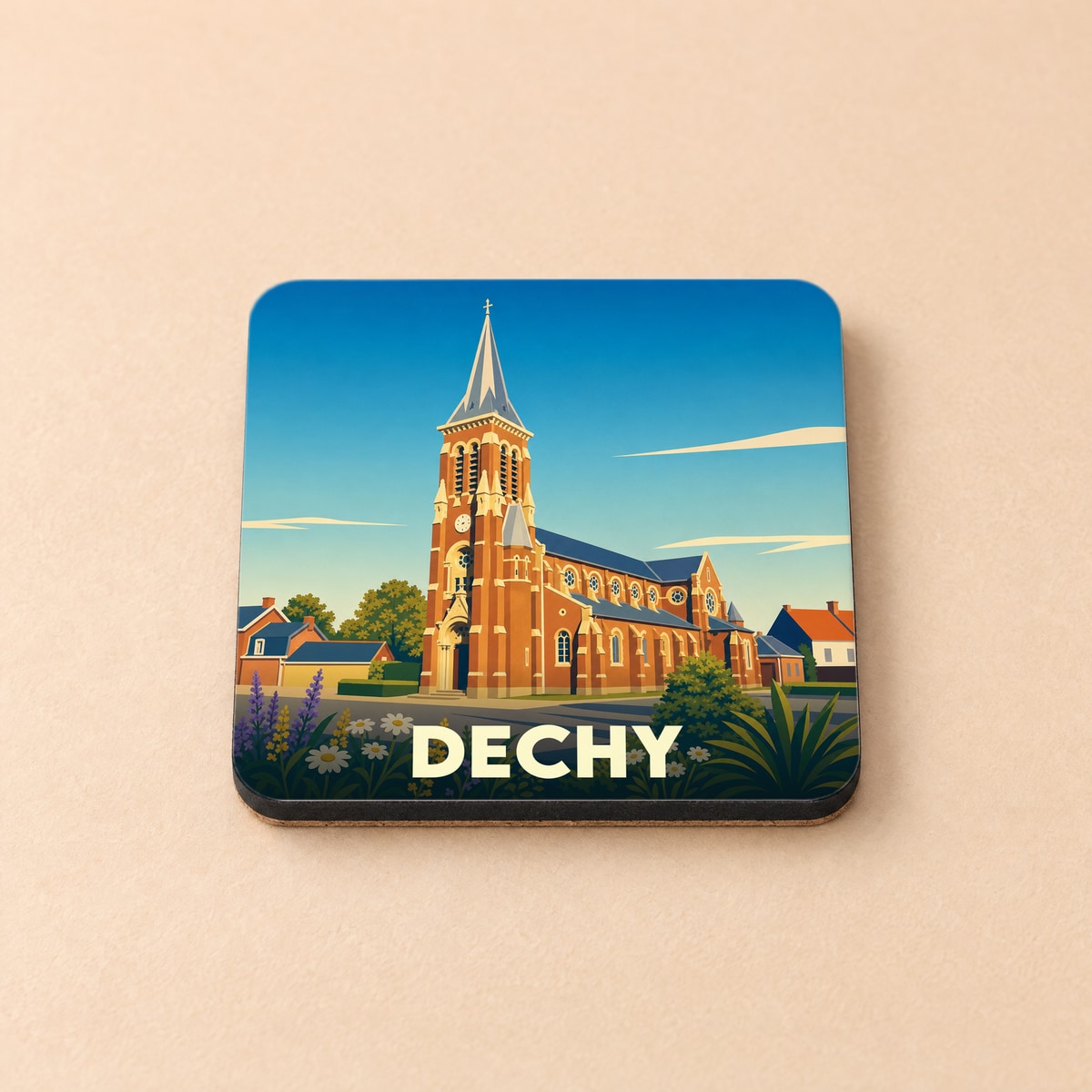 Dessous de verre souvenir de la ville de Dechy avec une illustration stylisée de son église.