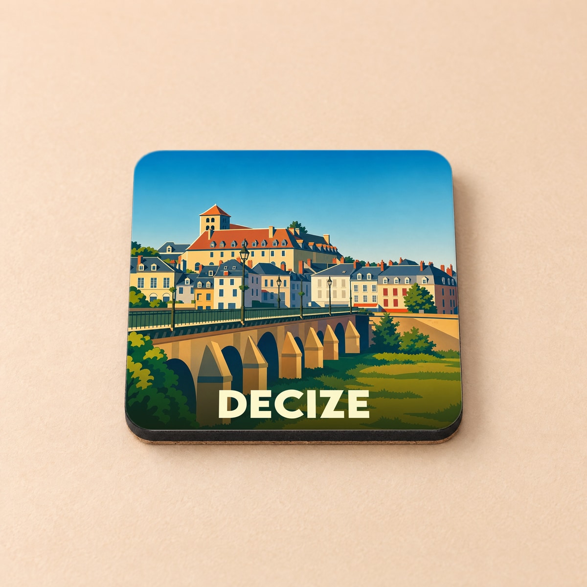 Dessous de verre souvenir de la ville de Decize avec une illustration stylisée de son pont et de ses bâtiments historiques.