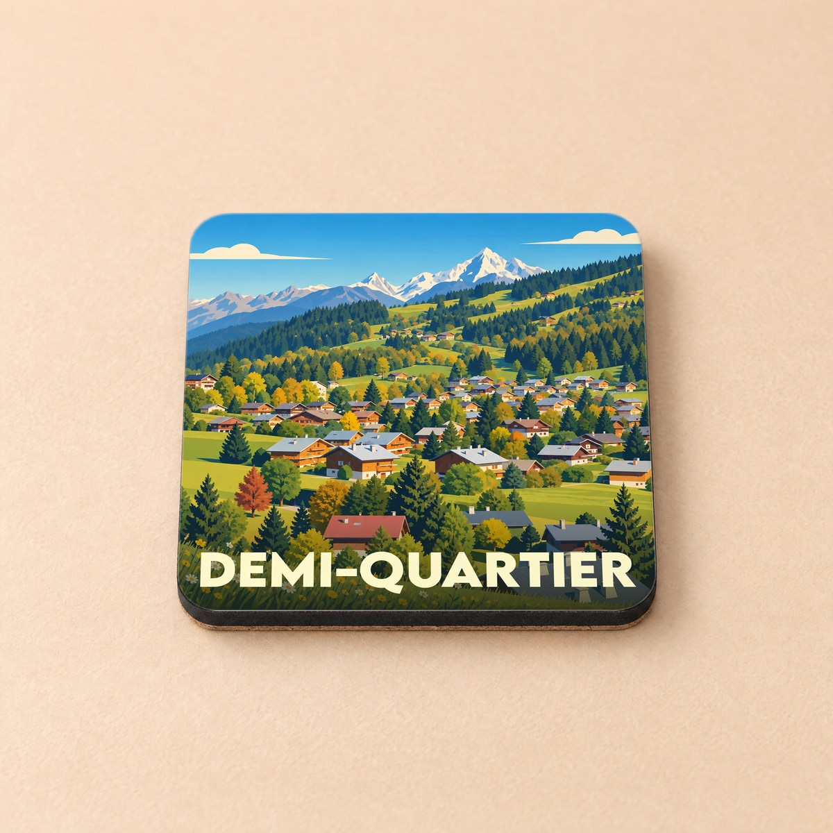 Dessous de verre souvenir de la ville de Demi-Quartier avec une illustration stylisée de montagne.