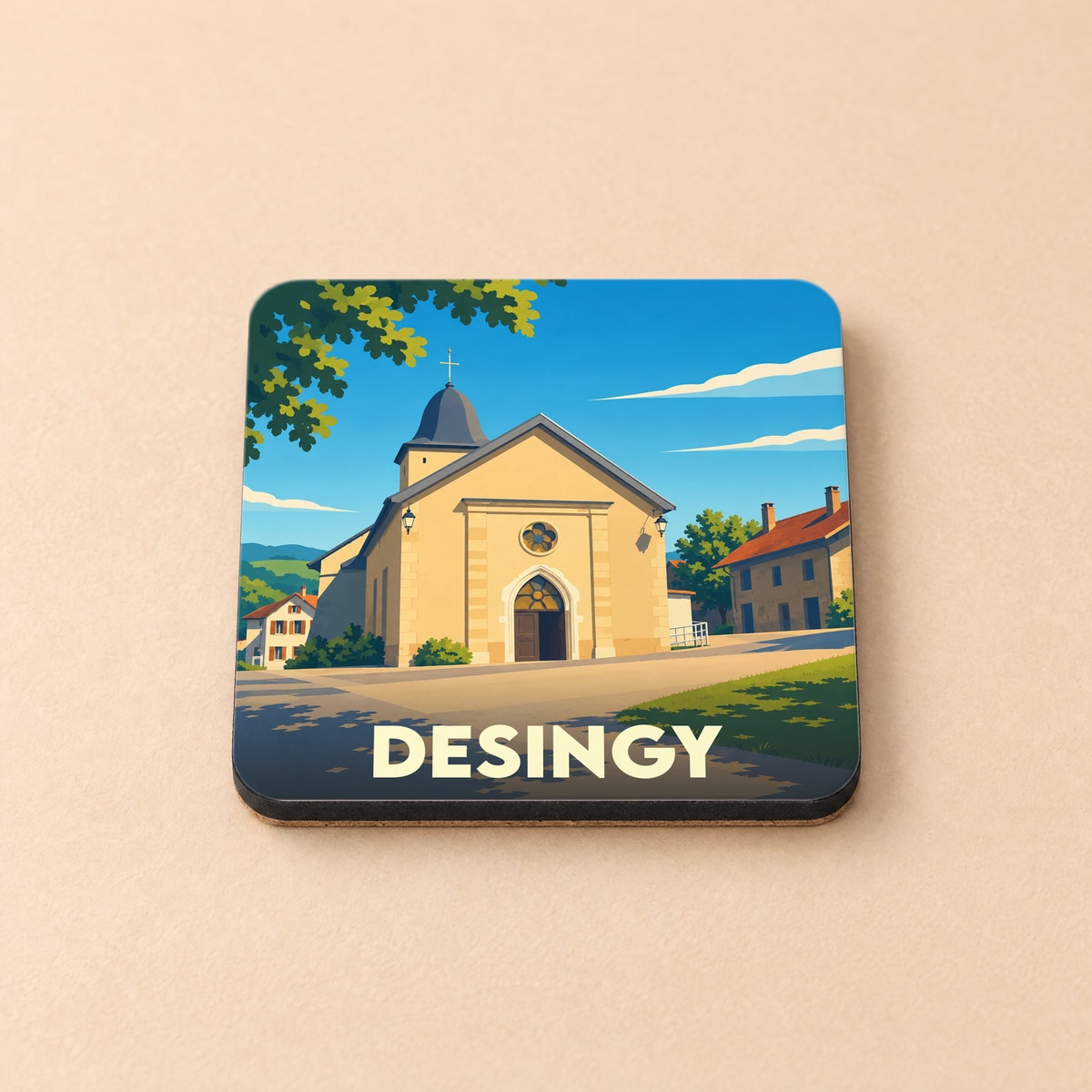 Dessous de verre souvenir de la ville de Desingy avec une illustration stylisée de son église.
