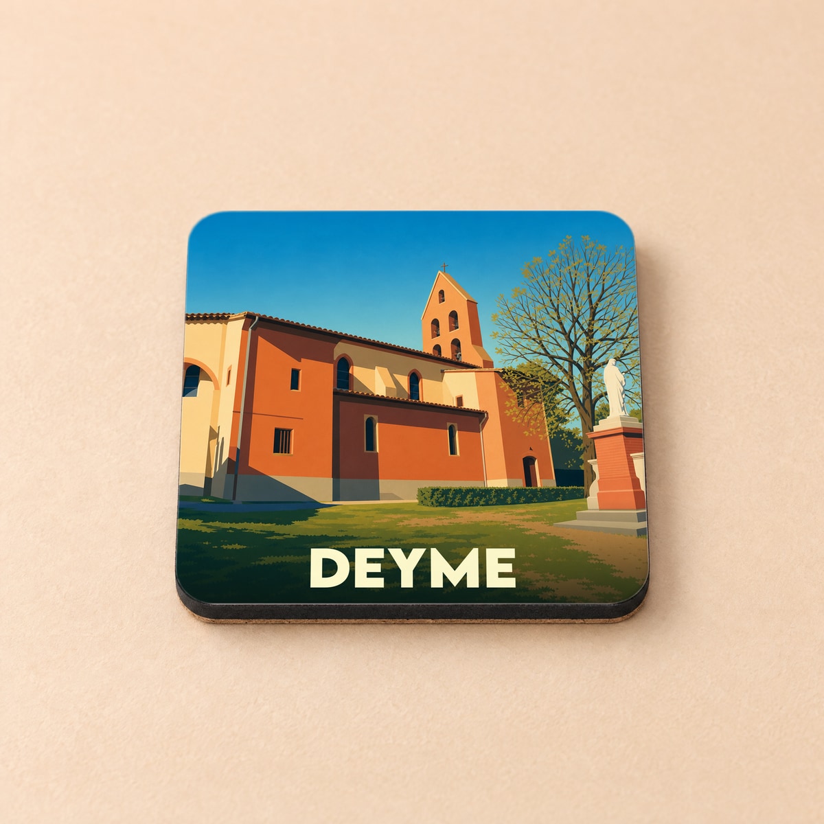 Dessous de verre souvenir de la ville de Deyme avec une illustration stylisée de son église.
