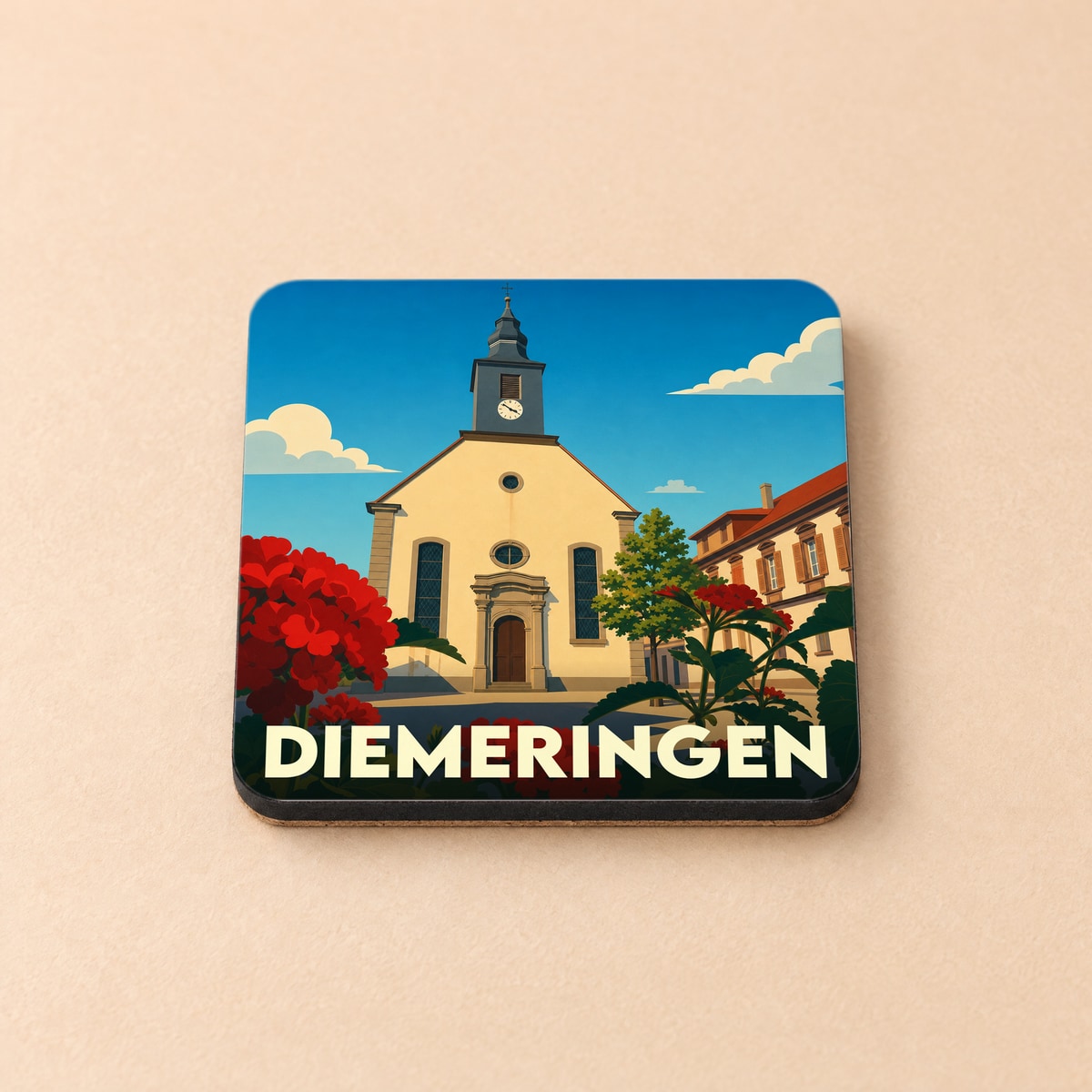 Dessous de verre souvenir de la ville de Diemeringen avec une illustration stylisée d'une église et de fleurs rouges.