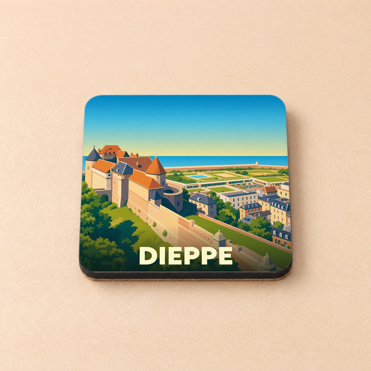 Dessous de verre souvenir de la ville de Dieppe avec une illustration stylisée du château surplombant la mer.