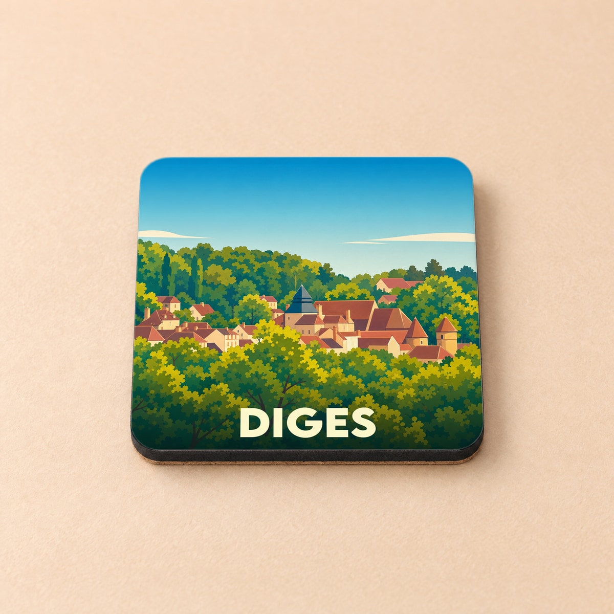 Dessous de verre souvenir de la ville de Diges avec une illustration stylisée d'un village entouré de forêts.