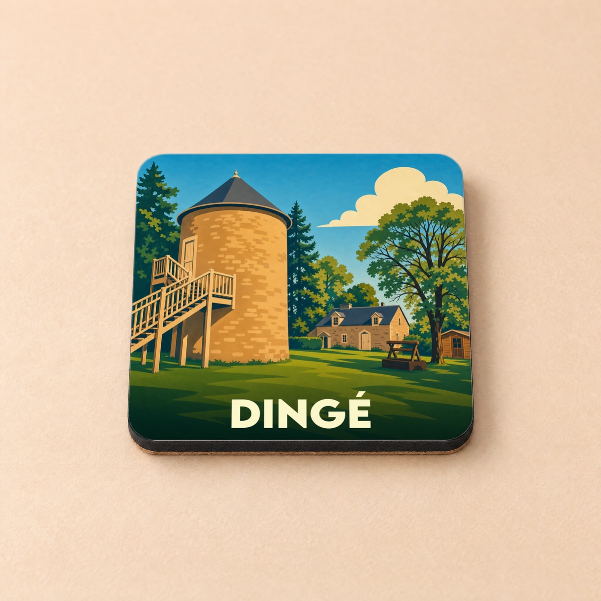 Dessous de verre souvenir de la ville de Dingé avec une illustration stylisée d'un ancien moulin.