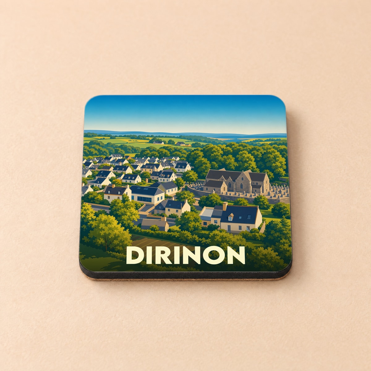 Dessous de verre souvenir de la ville de Dirinon avec une illustration stylisée.