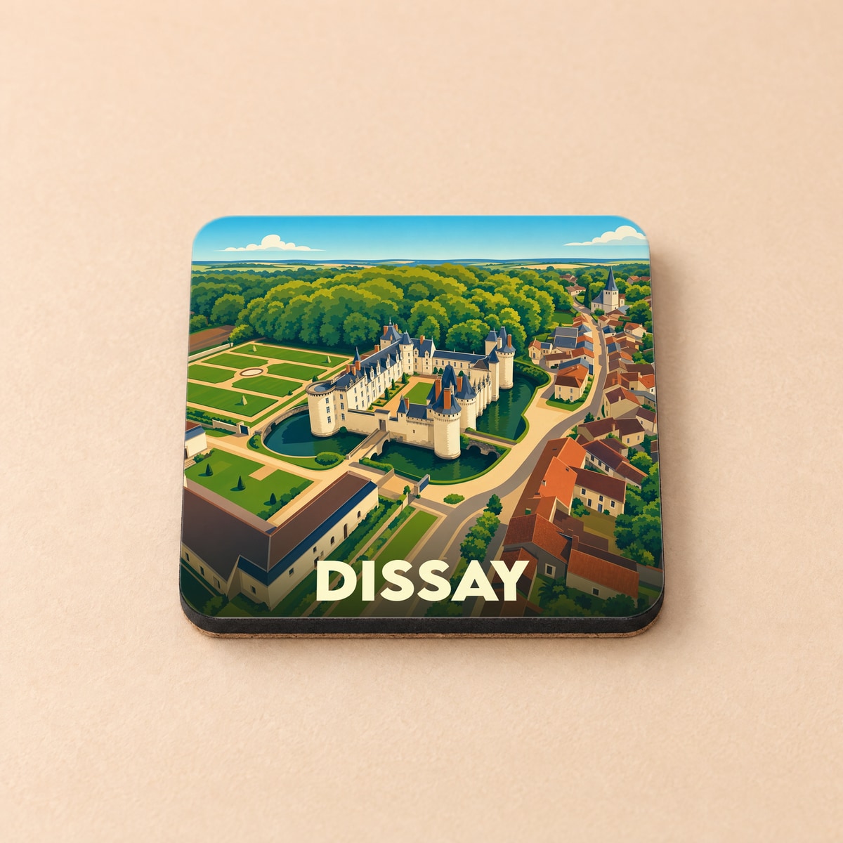 Dessous de verre souvenir de la ville de Dissay avec une illustration stylisée de son château.