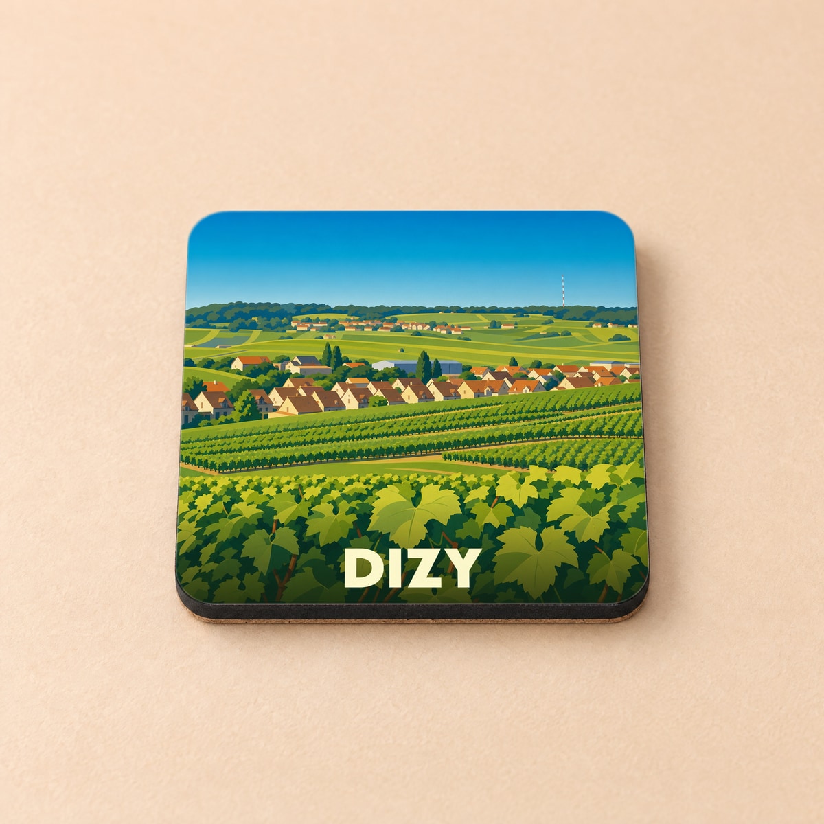 Dessous de verre souvenir de la ville de Dizy avec une illustration stylisée de son vignoble.