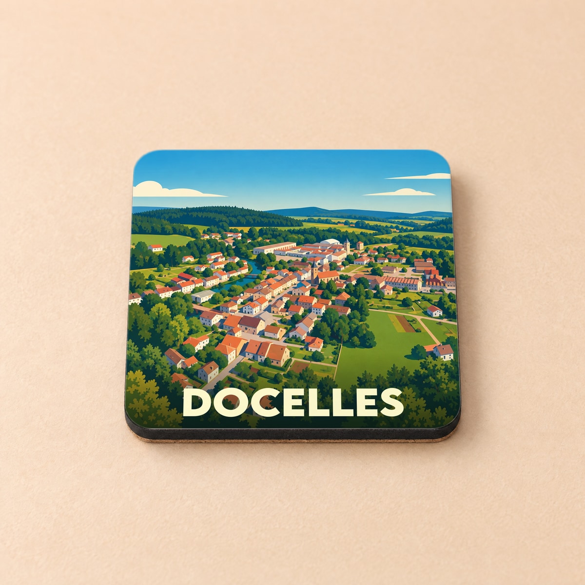 Dessous de verre souvenir de la ville de Docelles avec une illustration stylisée d'un paysage urbain verdoyant.