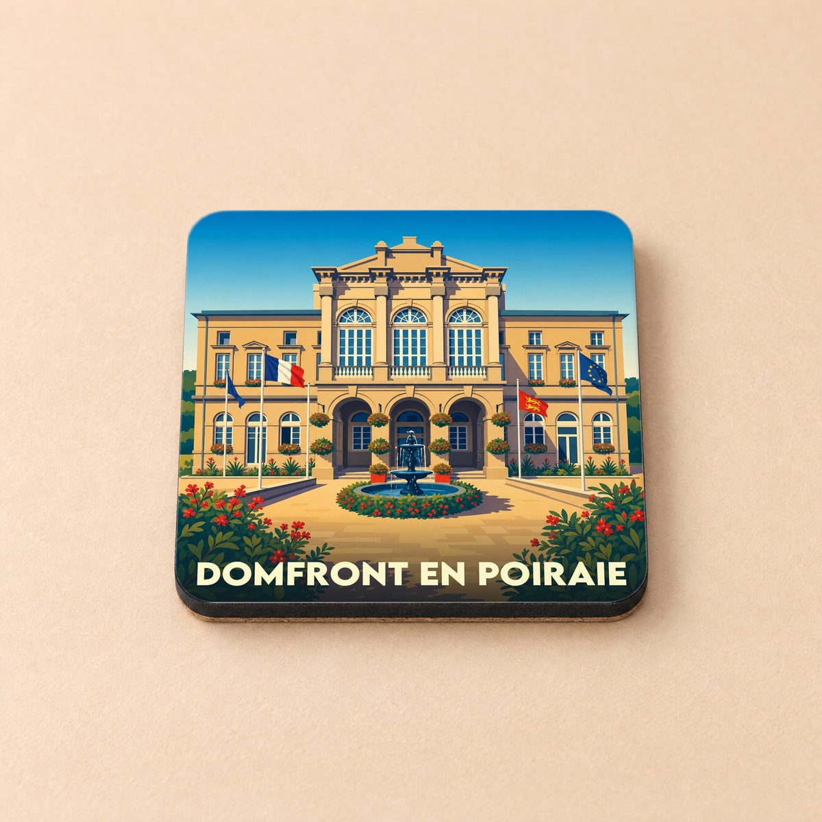 Dessous de verre souvenir de la ville de Domfront en Poiraie illustré d'une mairie classique et de drapeaux français.
