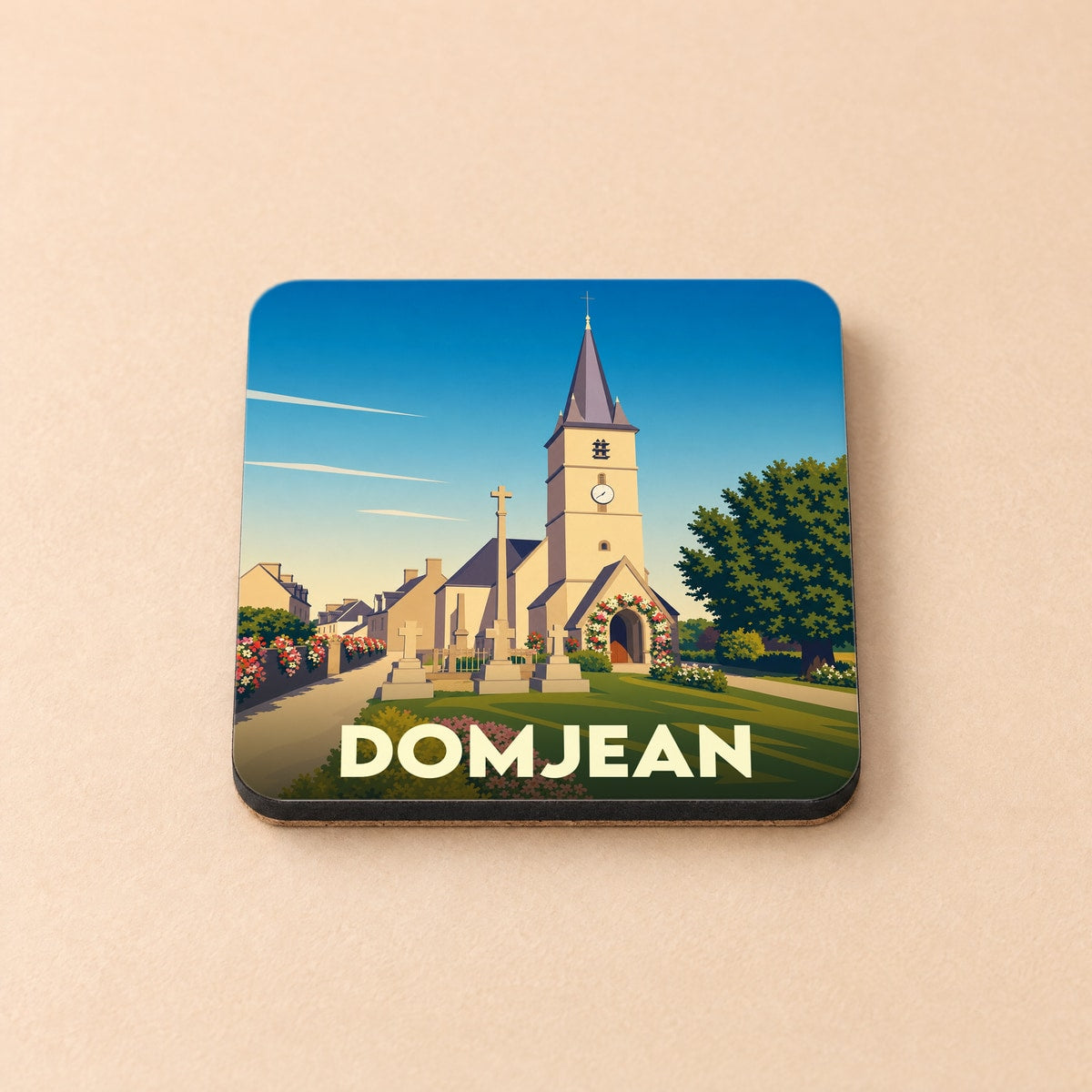 Dessous de verre souvenir de la ville de Domjean avec une illustration stylisée de son église.