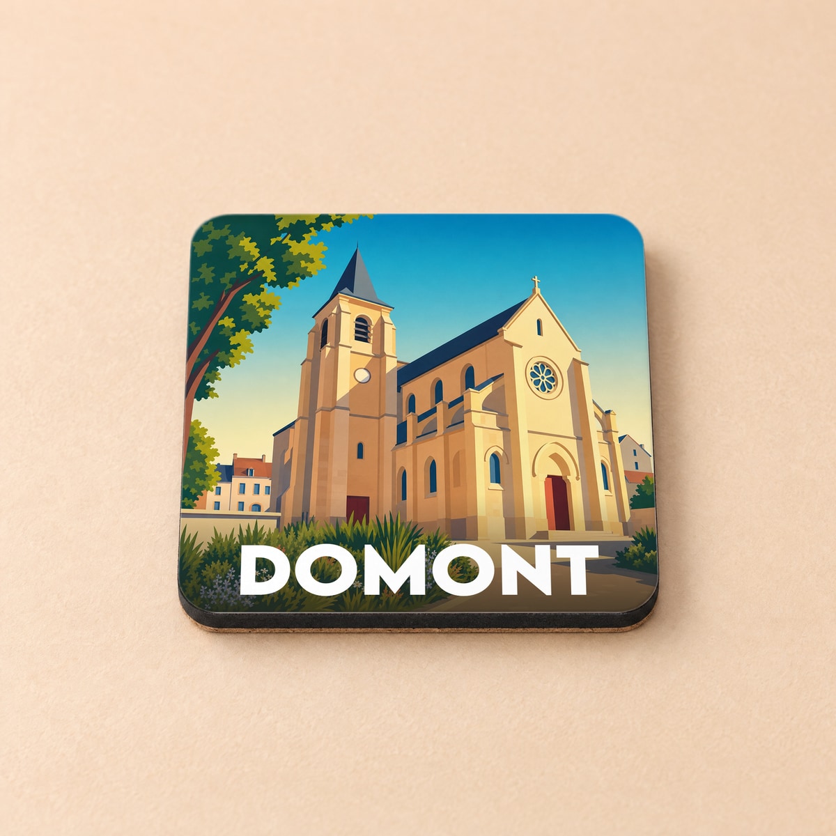 Dessous de verre souvenir de la ville de Domont avec une illustration stylisée de son église.