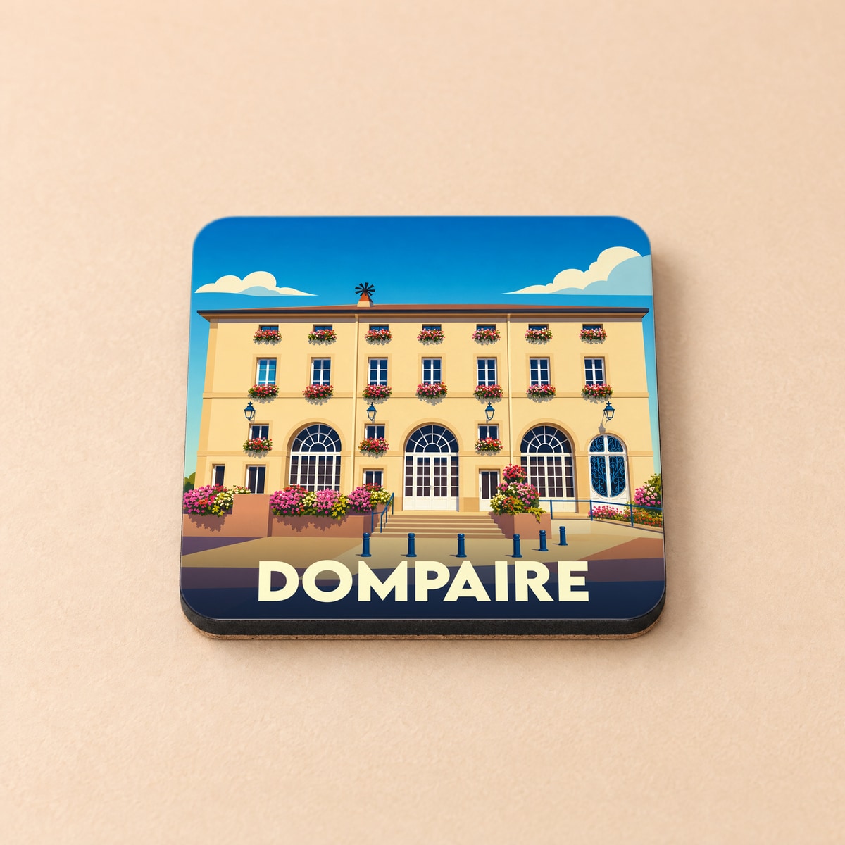 Dessous de verre souvenir de la ville de Dompaire avec une illustration stylisée de sa mairie fleurie.