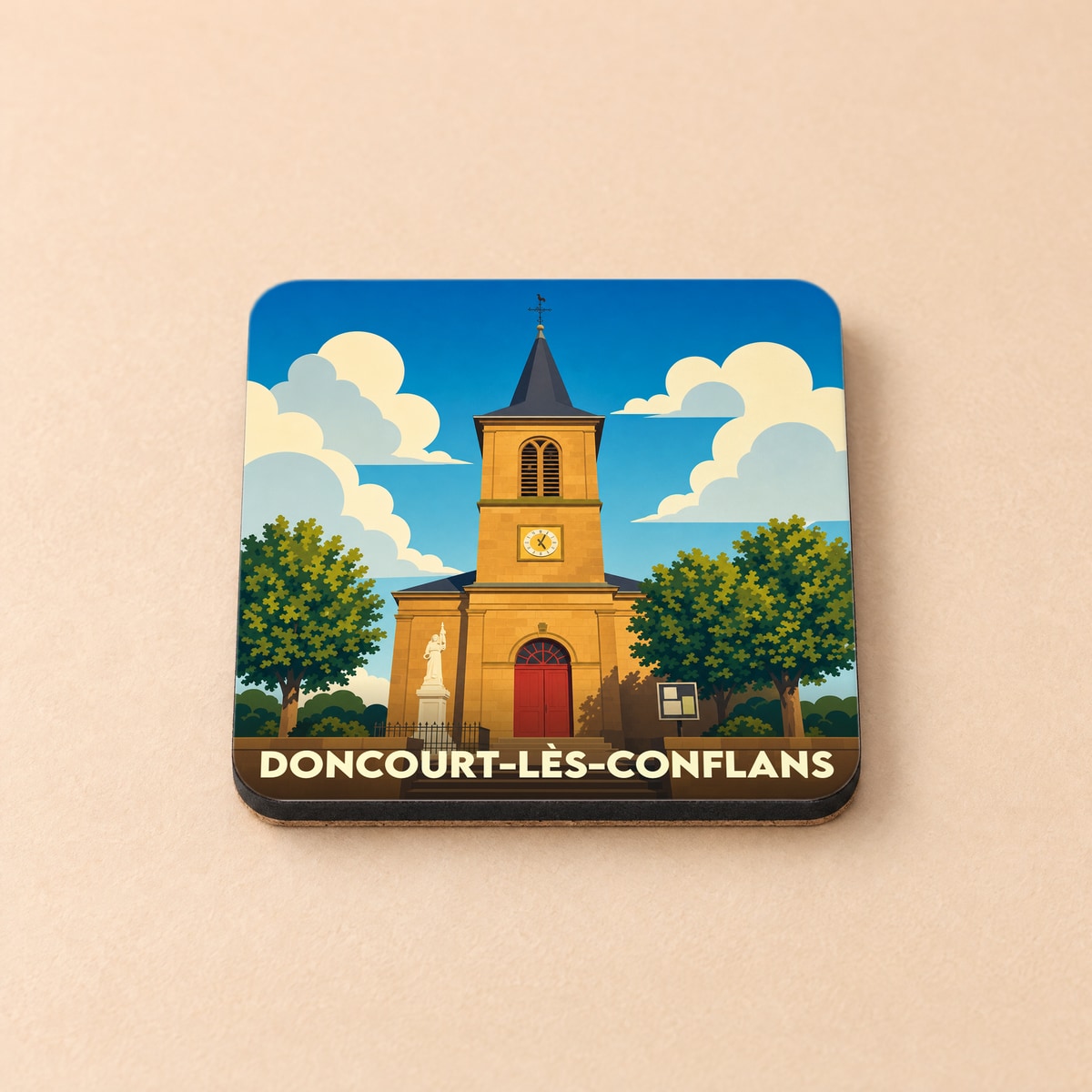 Dessous de verre souvenir de la ville de Doncourt-lès-Conflans avec une illustration stylisée de son église.
