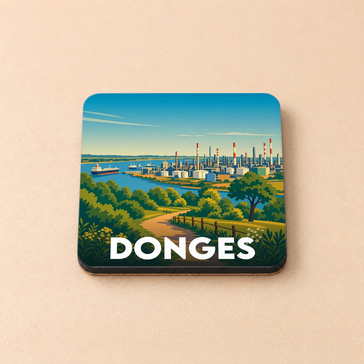 Dessous de verre souvenir de la ville de Donges avec une illustration stylisée de son paysage industriel et fluvial.