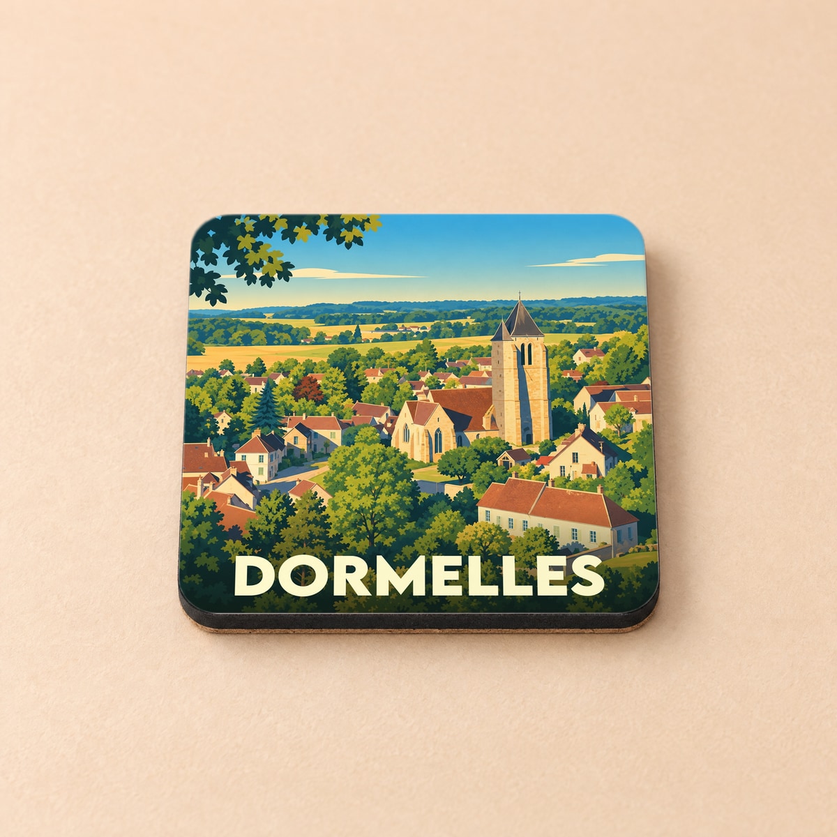Dessous de verre souvenir de la ville de Dormelles avec une illustration stylisée de son église et de ses paysages verdoyants.