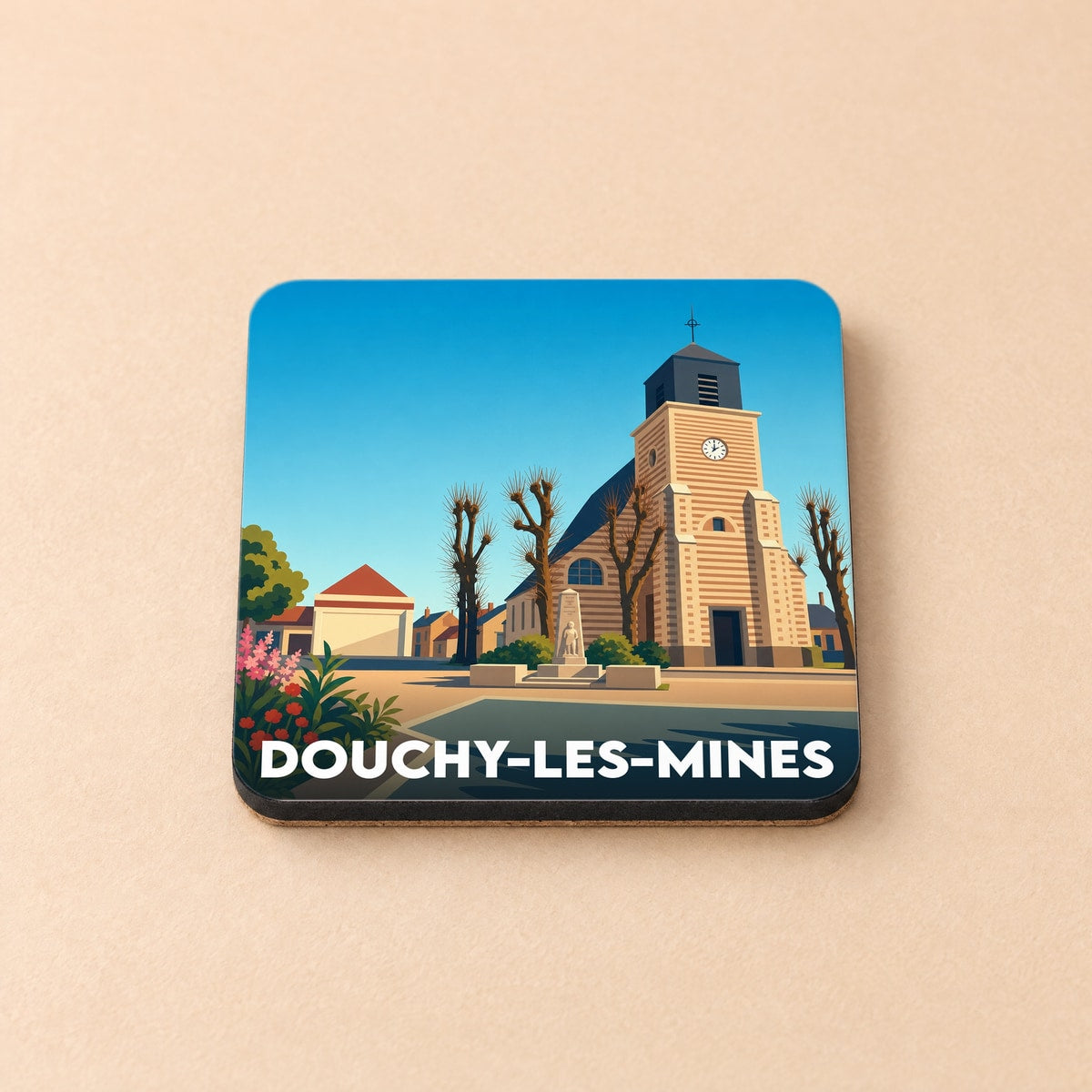 Dessous de verre souvenir de la ville de Douchy-les-Mines avec une illustration stylisée de son église.