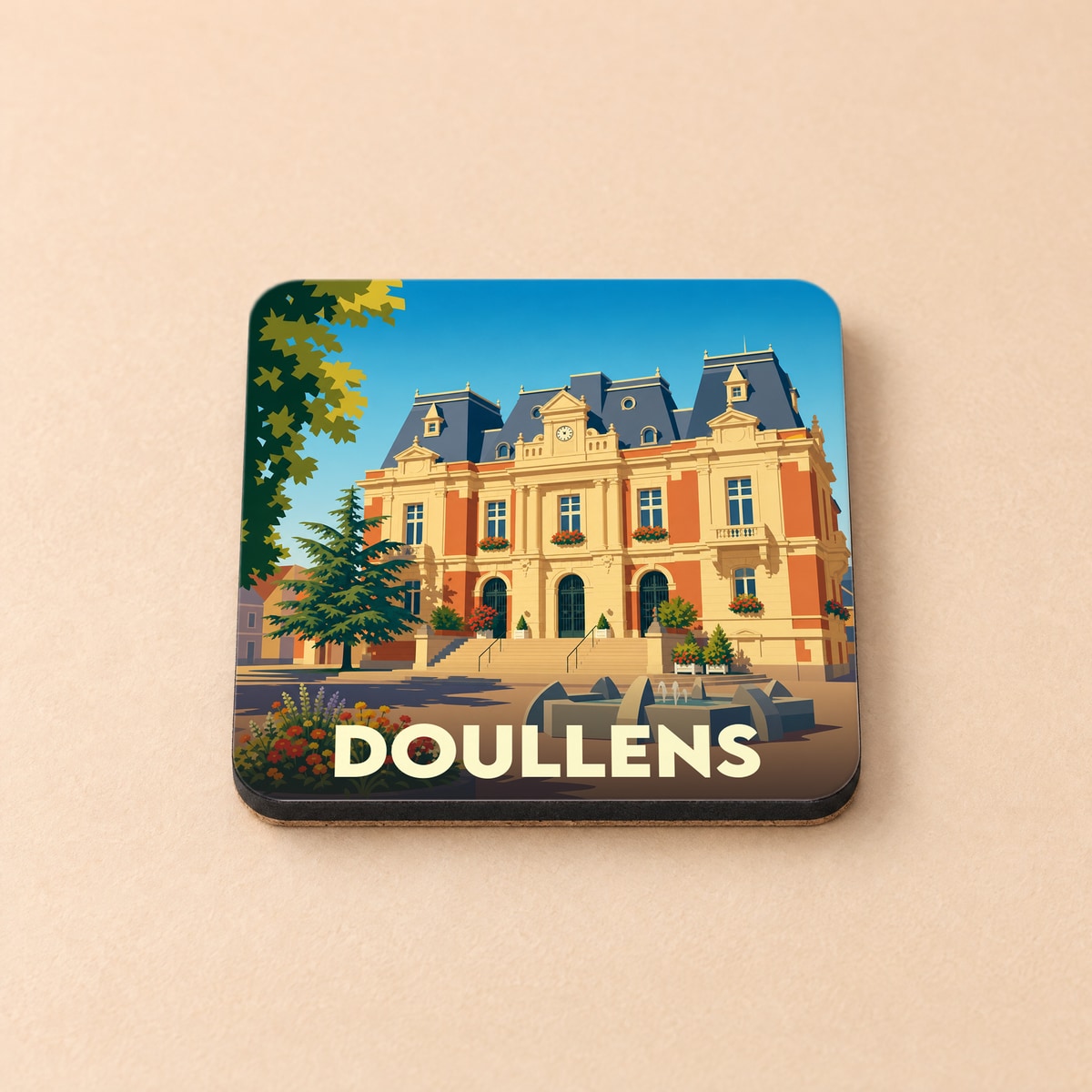Dessous de verre souvenir de la ville de Doullens illustré d'un dessin stylisé de son hôtel de ville.