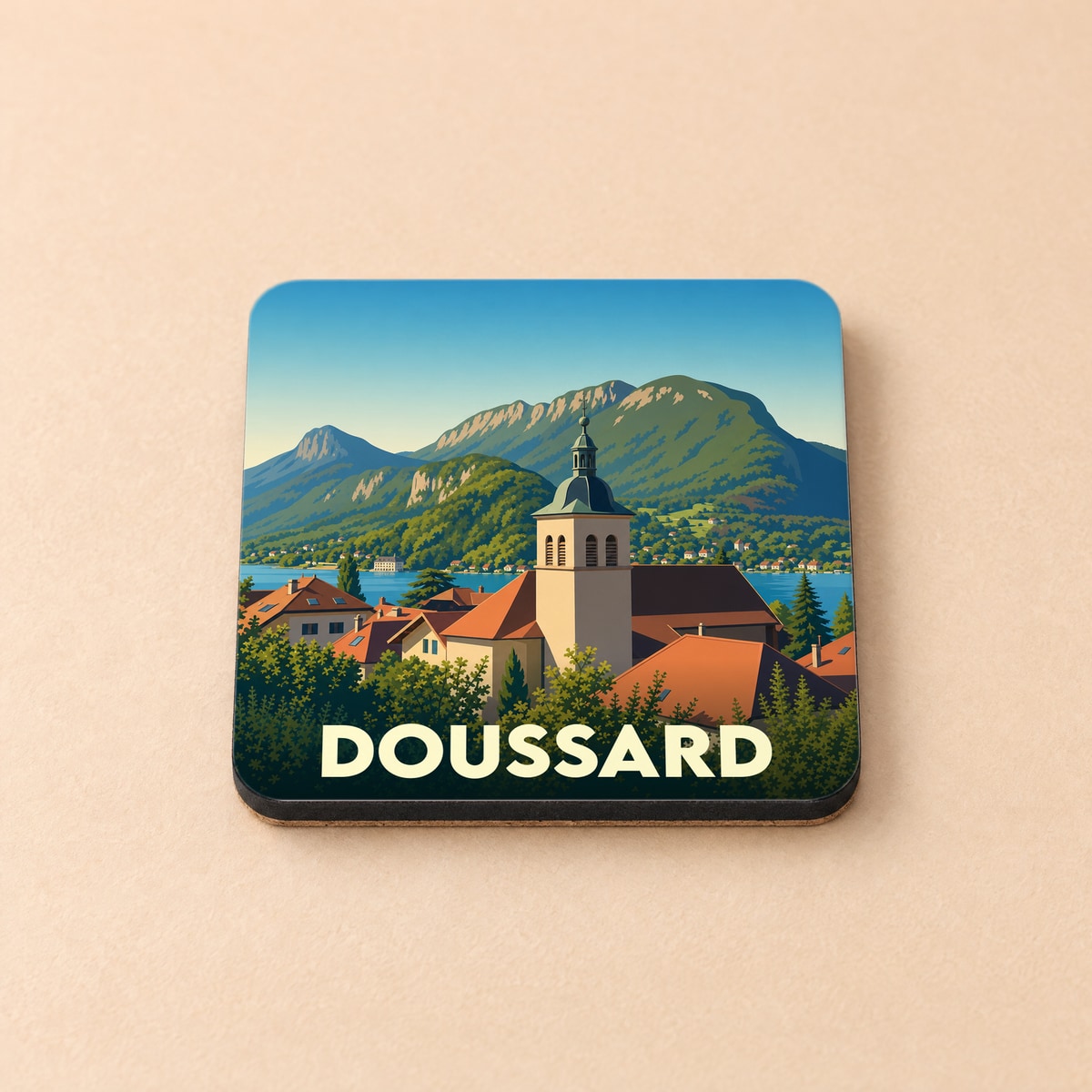 Dessous de verre souvenir de la ville de Doussard avec une illustration stylisée.