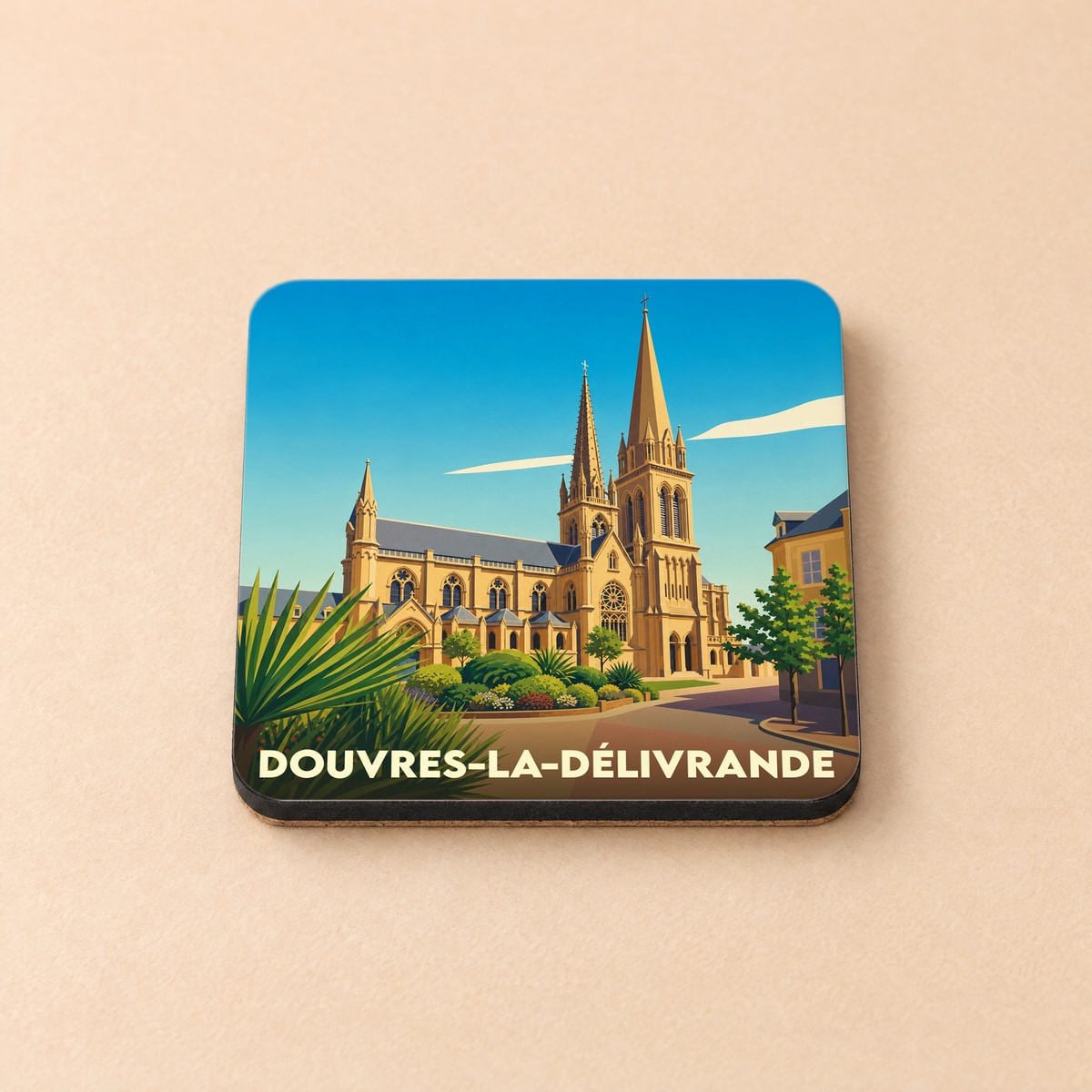 Dessous de verre souvenir de la ville de Douvres-la-Délivrande avec une illustration stylisée de sa basilique.