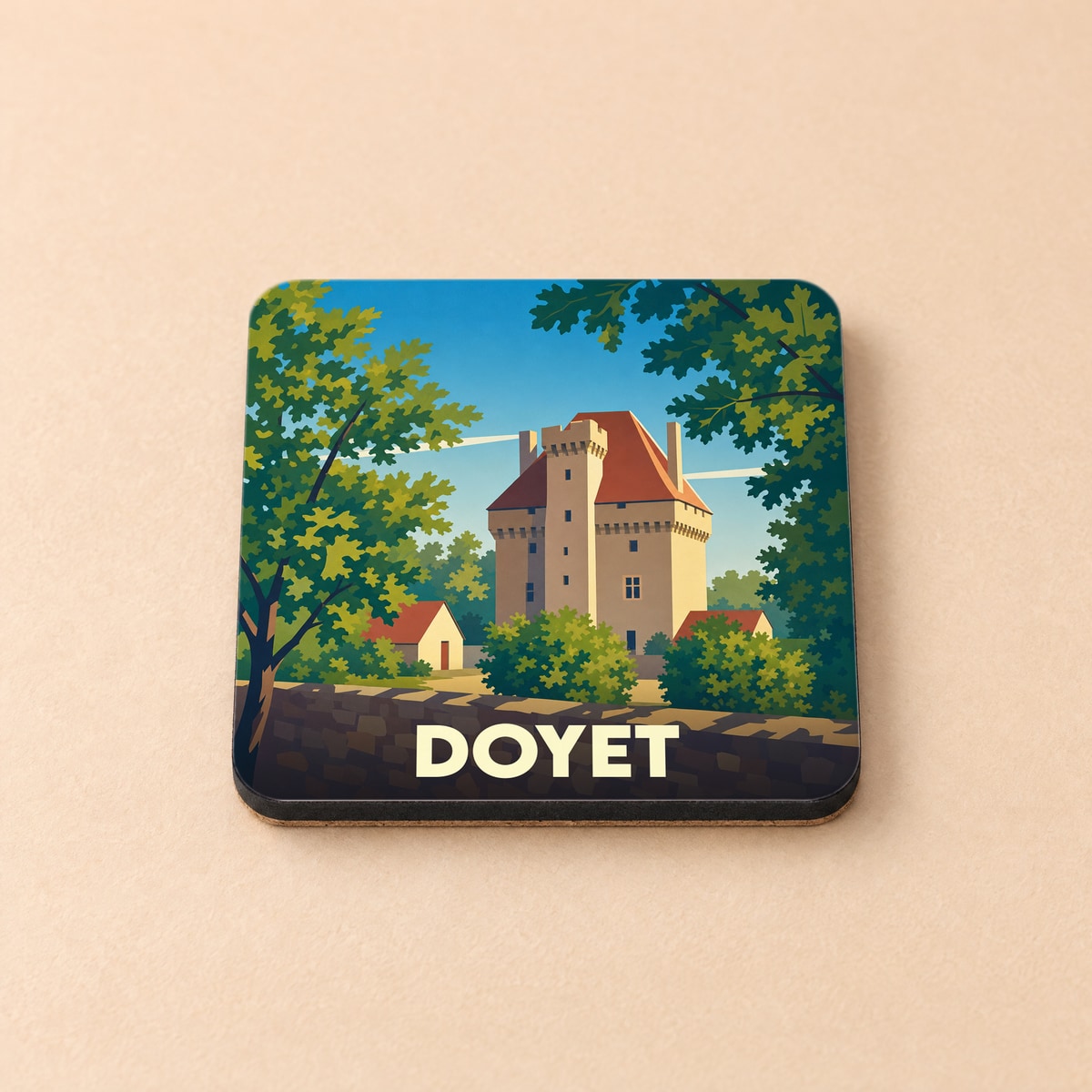 Dessous de verre souvenir de la ville de Doyet avec une illustration stylisée d'un château entouré d'arbres.