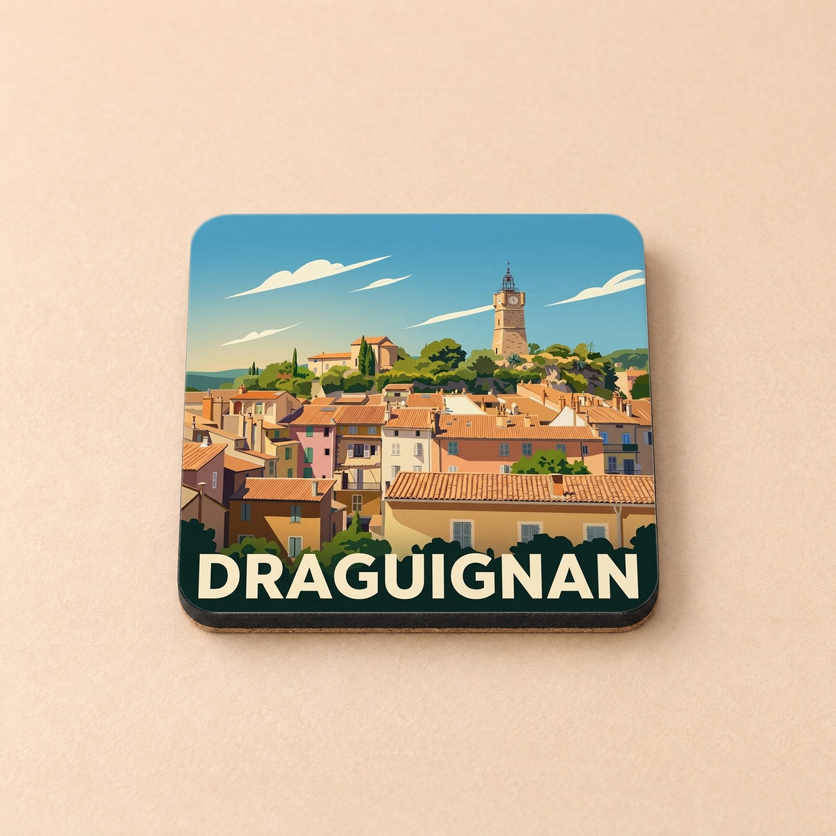 Dessous de verre souvenir de la ville de Draguignan avec une illustration stylisée.